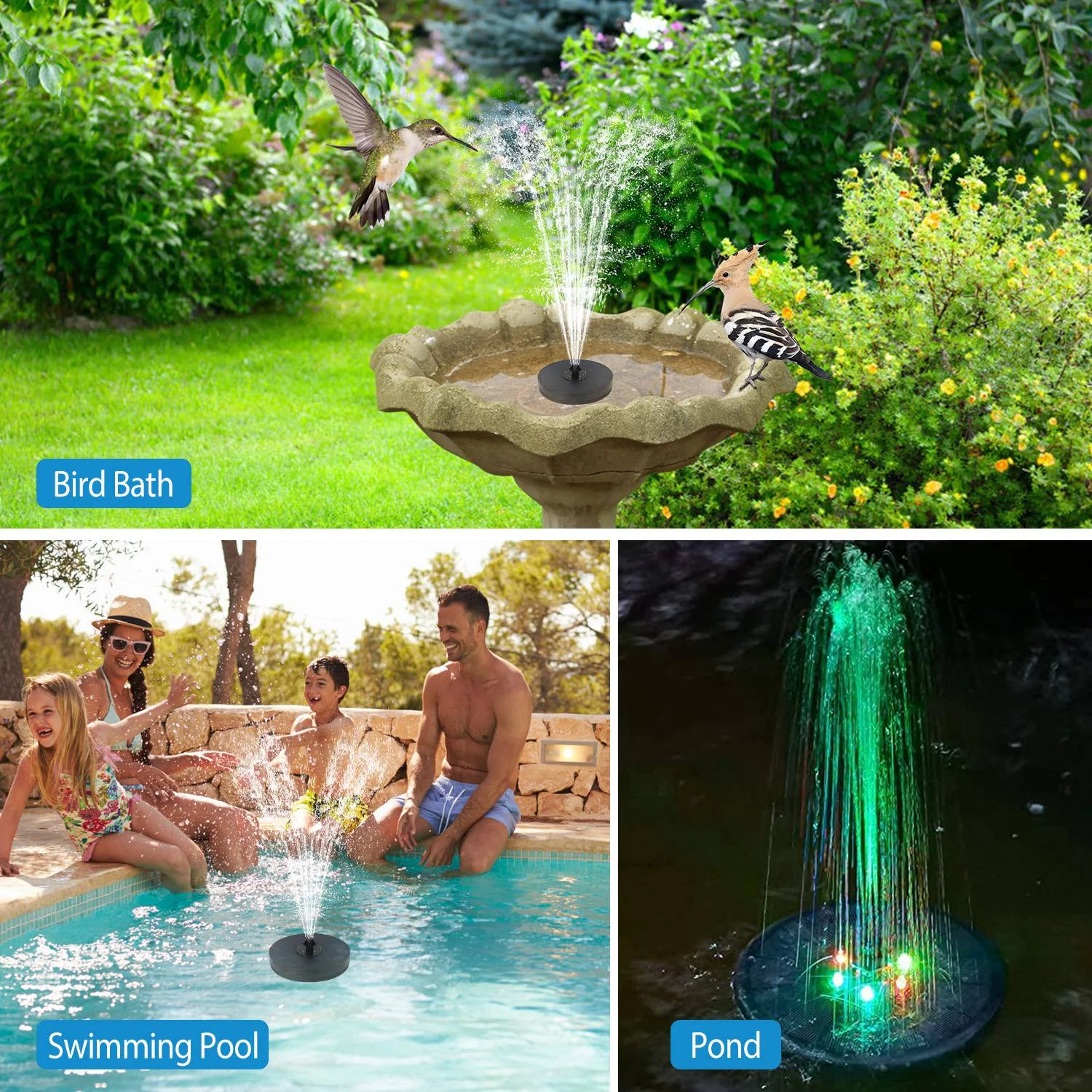 Solarek Solar Powered Fountain Pump Floating Bird Bath Pond Pump With LED Lights 7 Nozzles