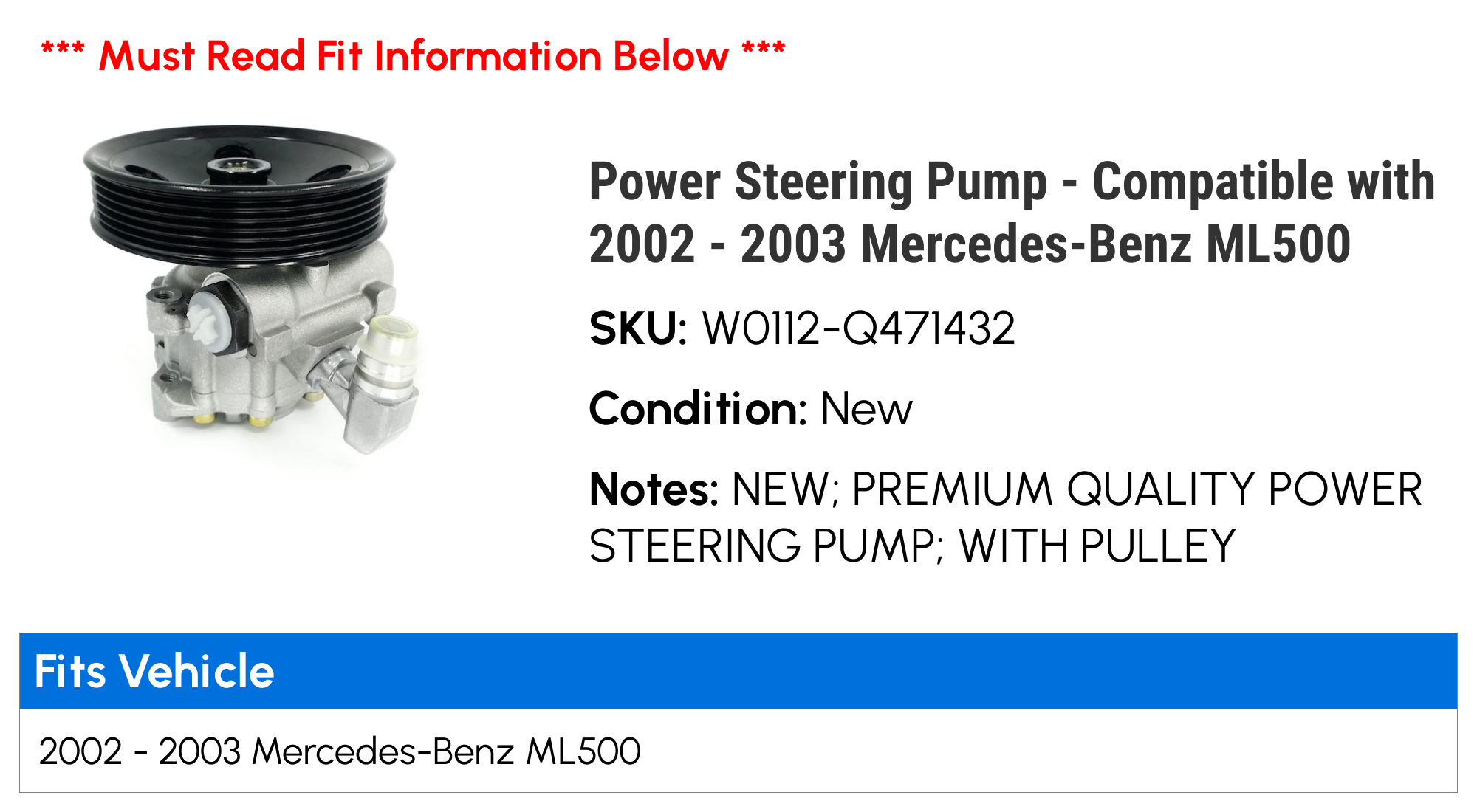 Power Steering Pump - Compatible with 2002 - 2003 Mercedes-Benz ML500