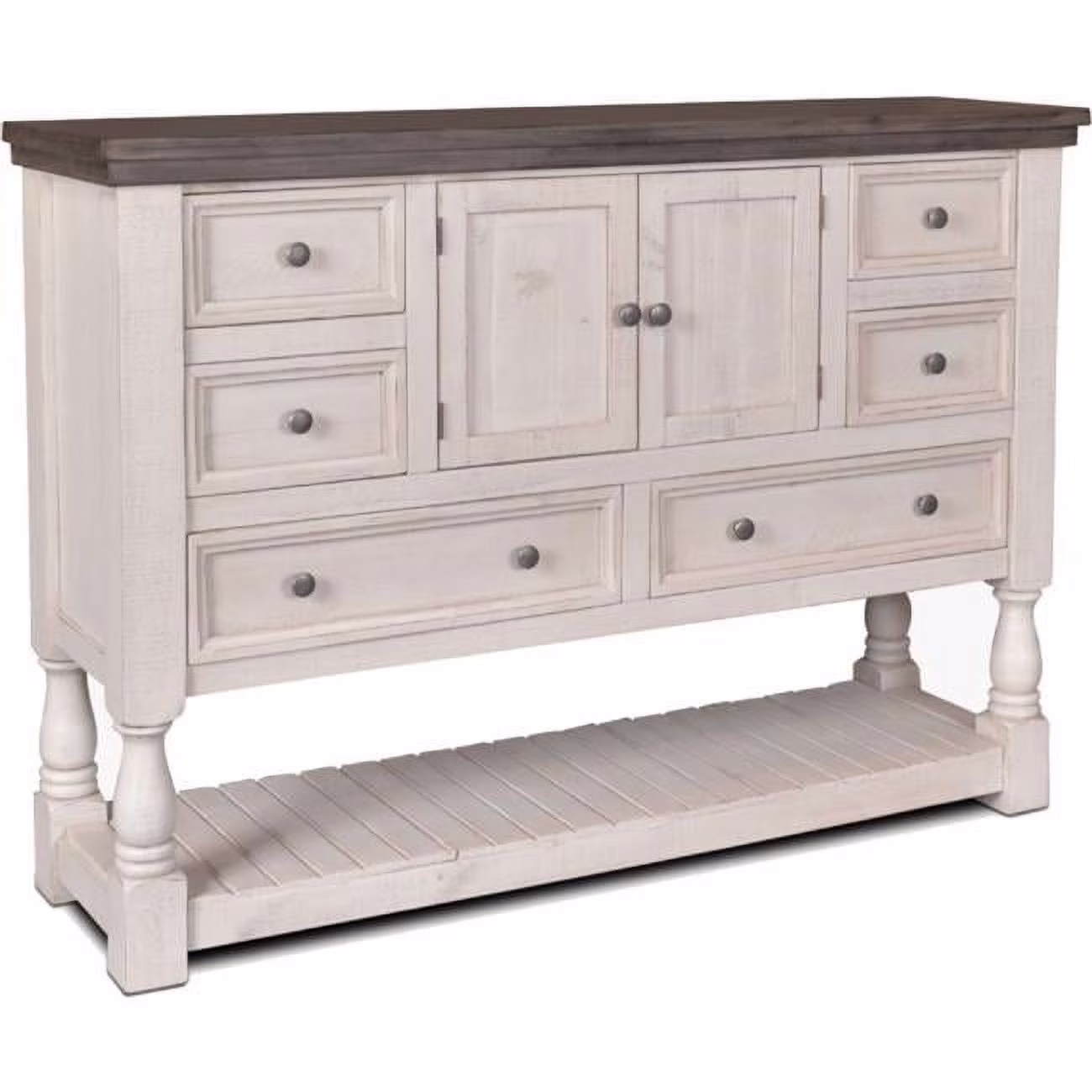 Rustic French Dresser with 6 Drawers & 2 Storage Cabinets & Large Display Shelf, Distressed White & Brown Solid Wood