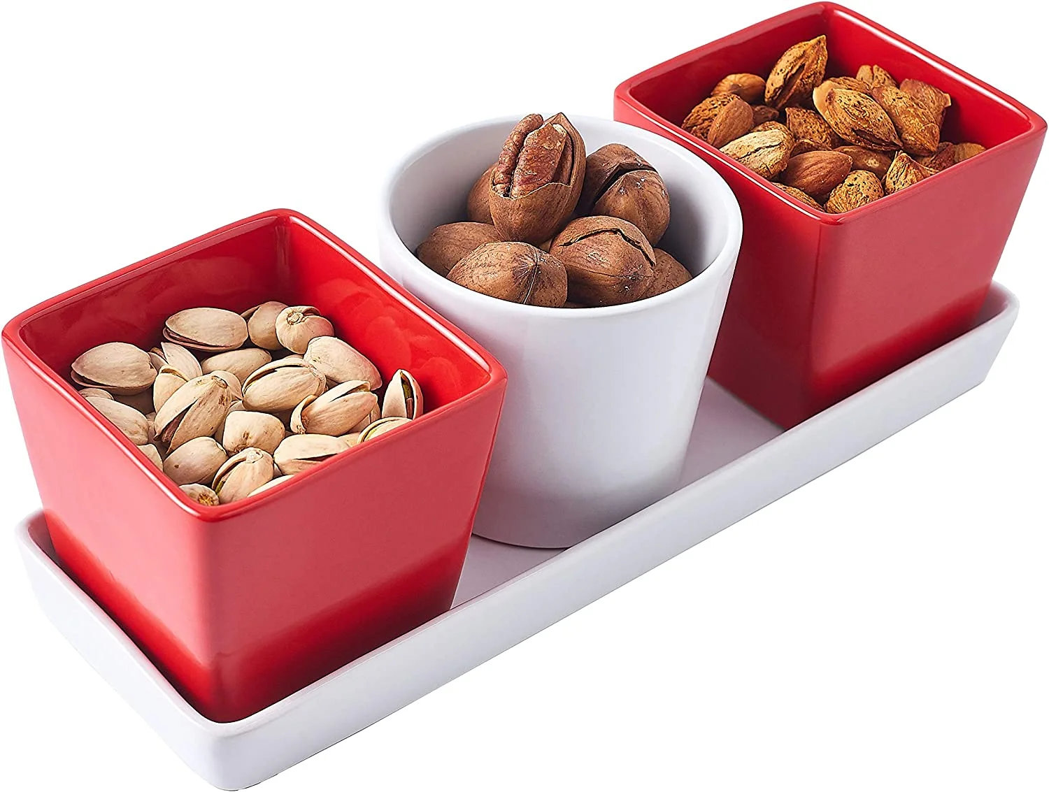 Bruntmor 4-Piece Ceramic Tray with Three compartment serving Bowl Dishes, Modern and versatile design Dining serve-ware, Matte Black