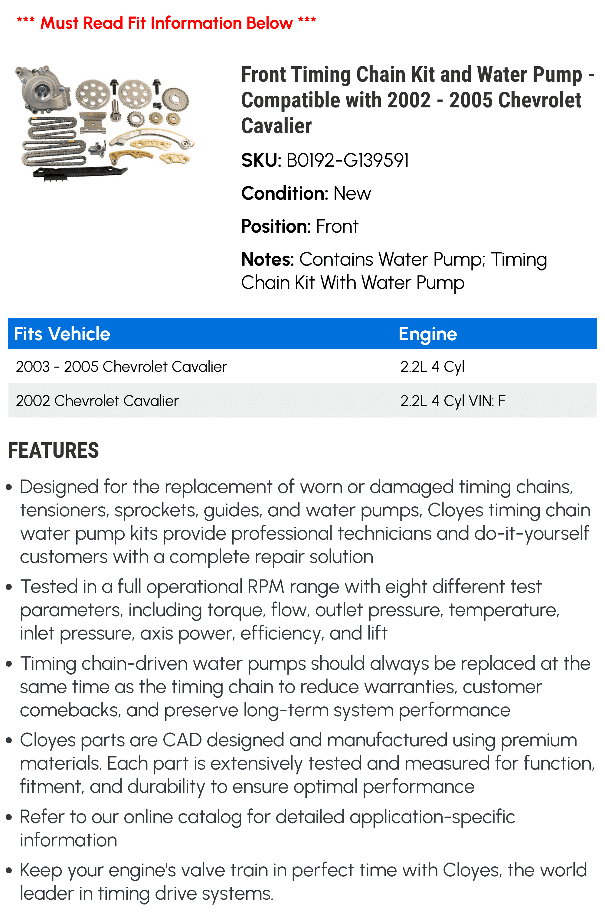 Front Timing Chain Kit and Water Pump - Compatible with 2002 - 2005 Chevy Cavalier 2003 2004