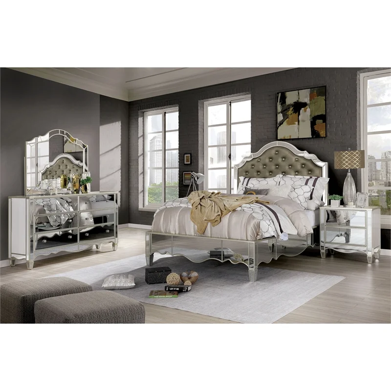 FOA Gavvi Glam 3-Piece Silver Wood Bedroom Set - Cal King + Nightstand + Dresser