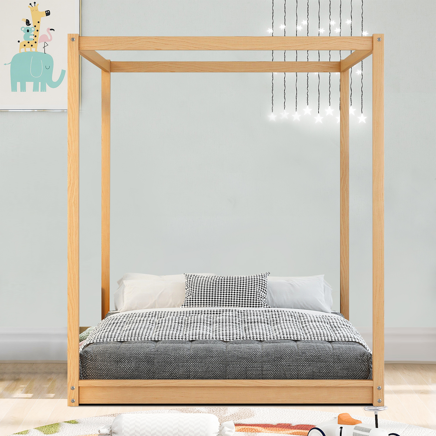 Simple Style Queen Size Wood Canopy Platform Bed with Support Legs