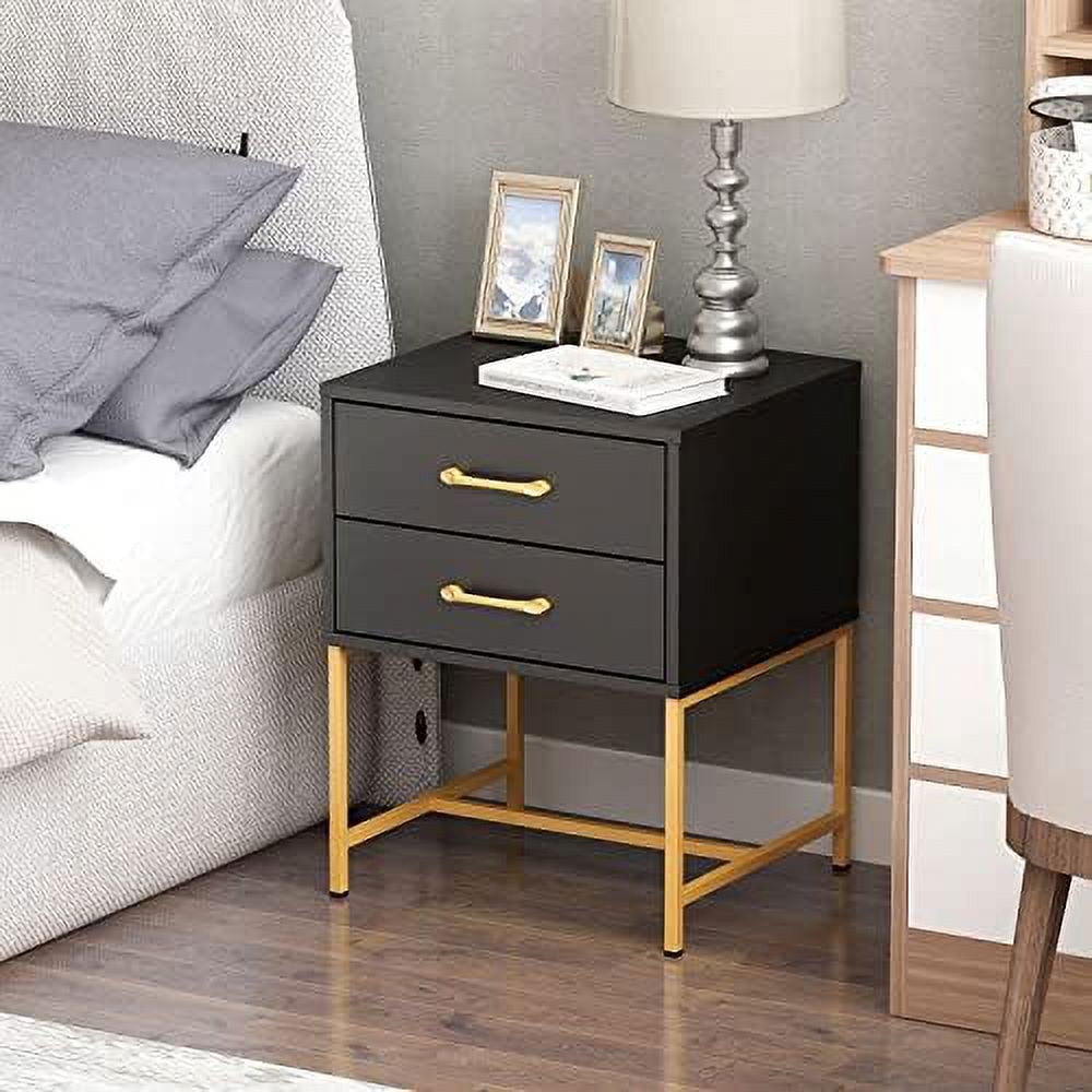 TJUNBOLIFE Nightstand  with Drawers End Table  Modern Industrial Bedside Table with Metal Frame  for Bedroom Black (17.7\u201DL x 15.7\u201DW x 22.8\u201DH)