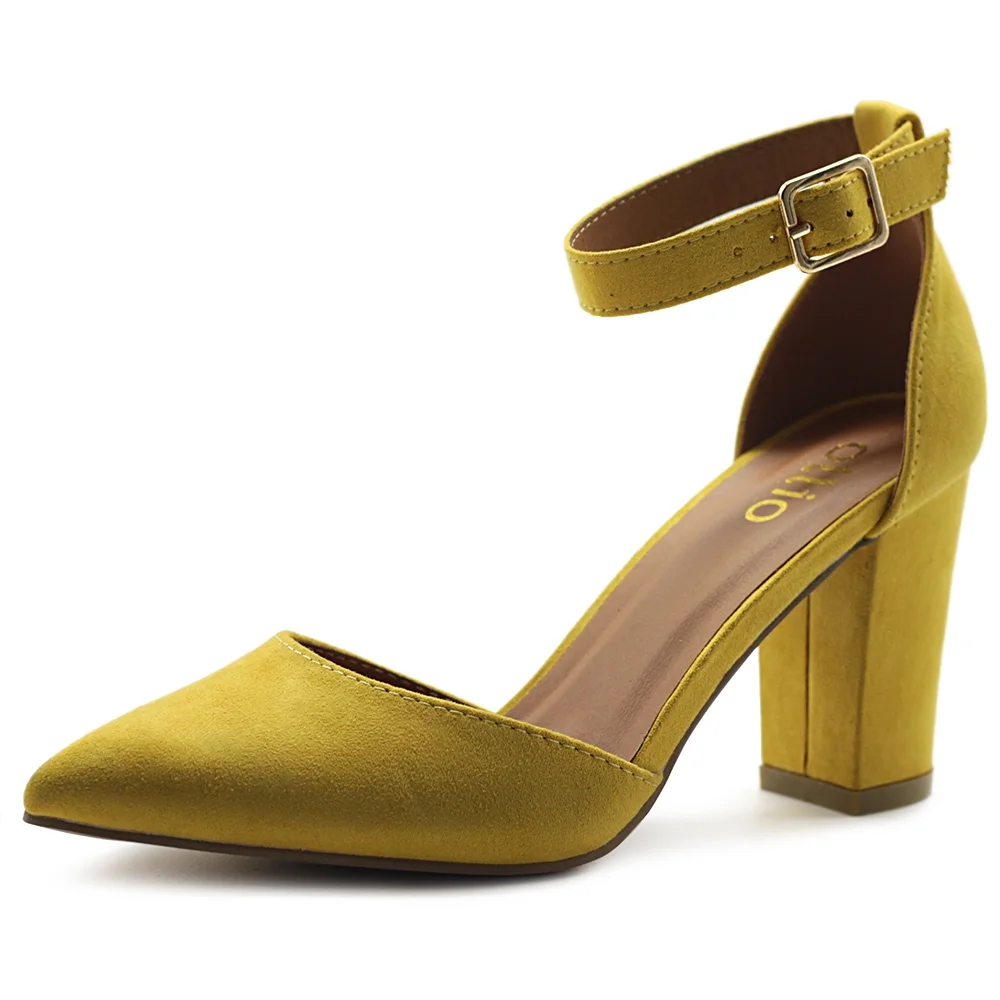 Ollio Women's Shoes Pointed Toe Ankle Straps Chunky Heels Pumps H95