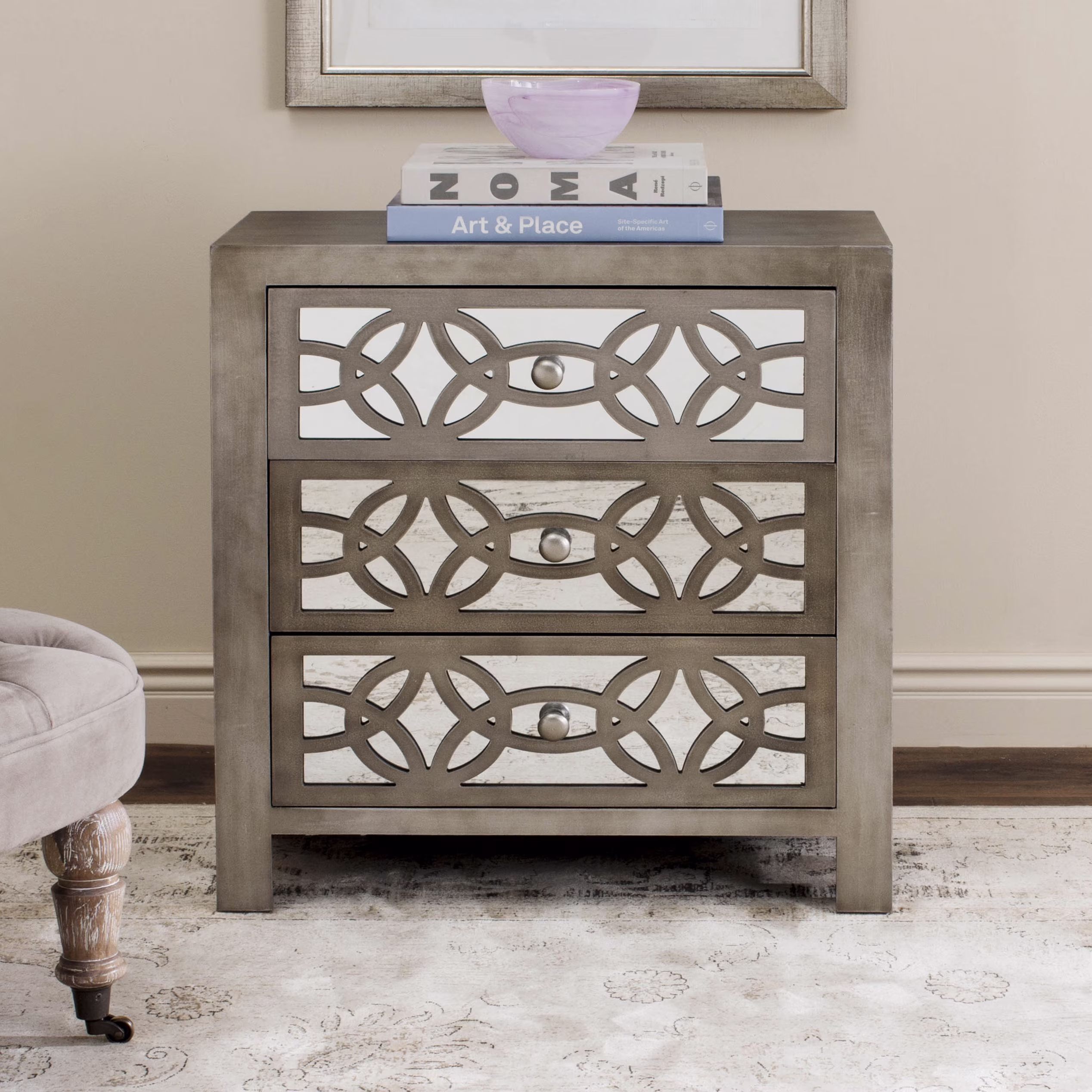 SAFAVIEH Tasha 3 Drawer Geometric Glam Chest, Grey/Mirror