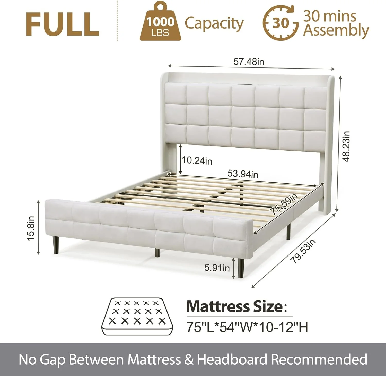 Radirus Fabric bed with Type-C & USB Ports, Stylish Bed Frame with Built-in Charging Ports, Perfect for Contemporary Homes