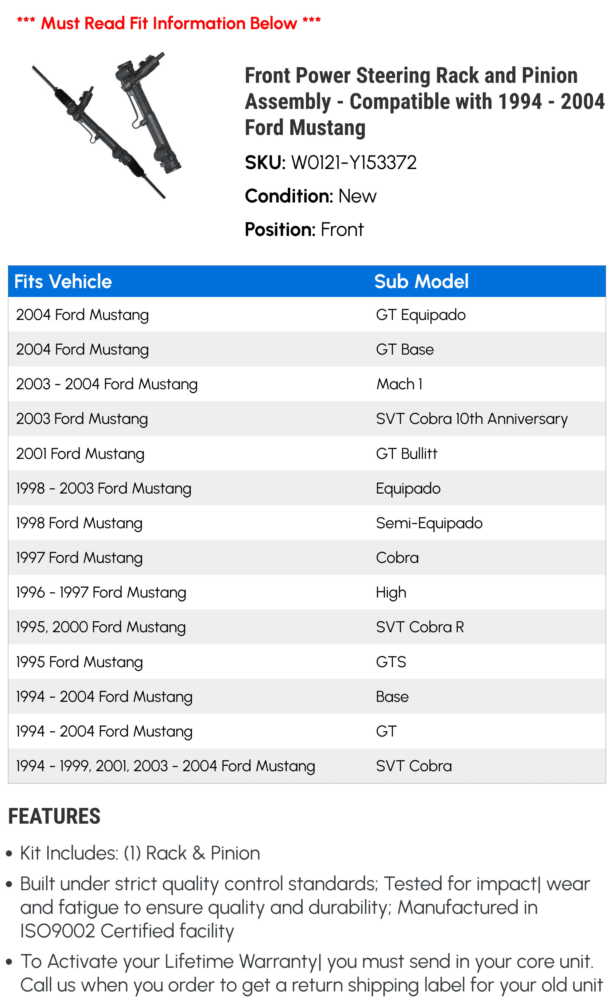 Front Power Steering Rack and Pinion Assembly - Compatible with 1994 - 2004 Ford Mustang 1995 1996 1997 1998 1999 2000 2001 2002 2003