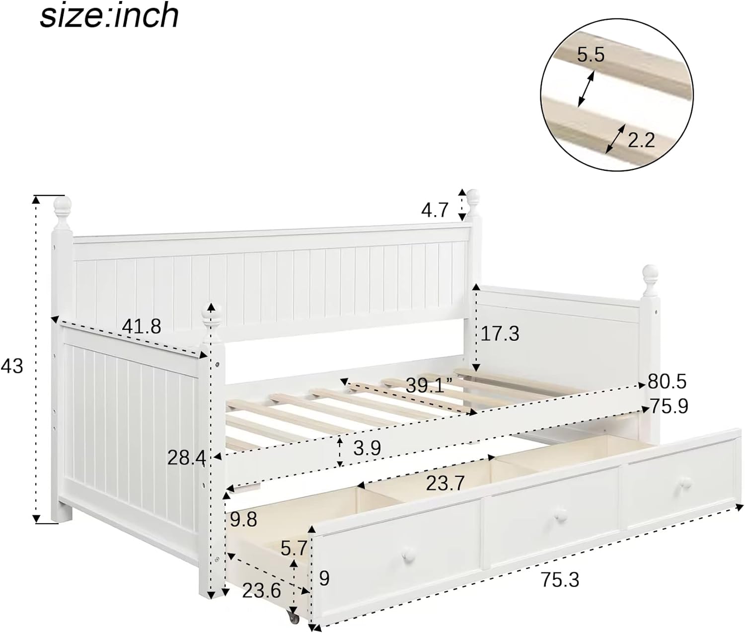 Daybed With Storage Drawers Wood Day Bed Frame For Living Room Bedroom Dual-Use Sofa Beds For Kids Guests Sleepovers, White