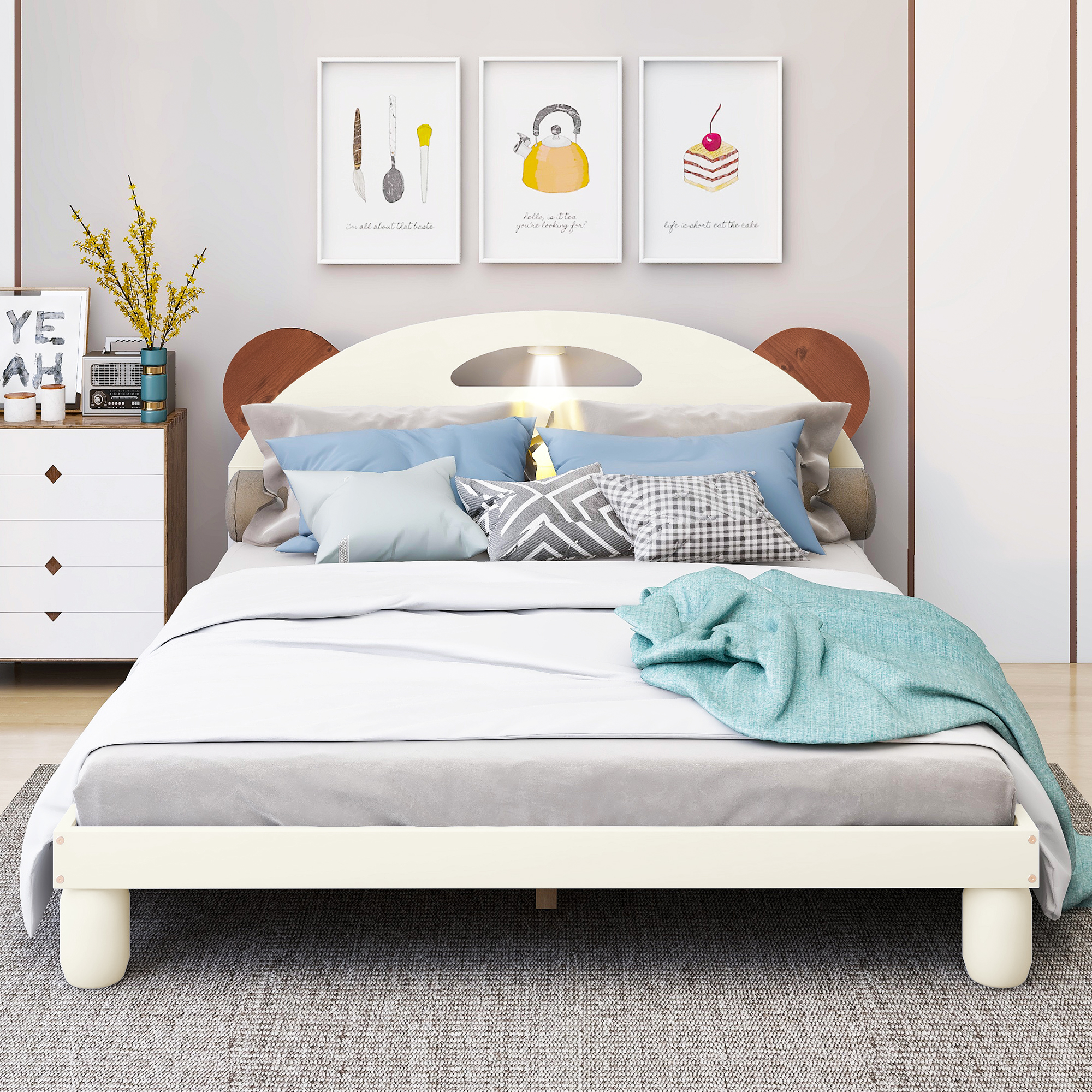 Frame Wood Platform Bed with Bear Ears Shaped Headboard and LED, Wood Slat Support Bedframe No Box Spring Need Mattress Foundation(White, Full)