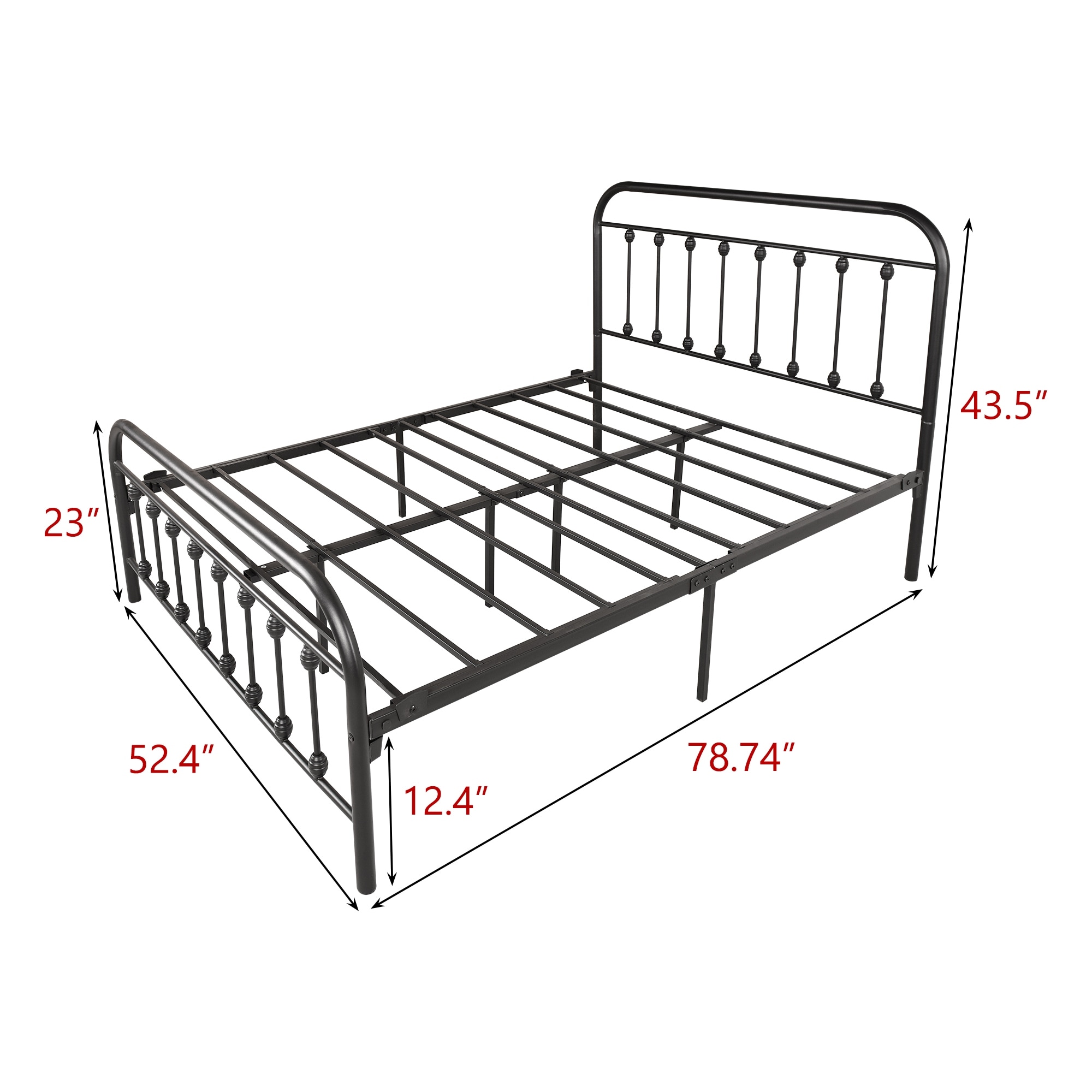 Black Metal Bed Frame Platform with Vintage Headboard and Footboard, Premium Steel Slat Support Full