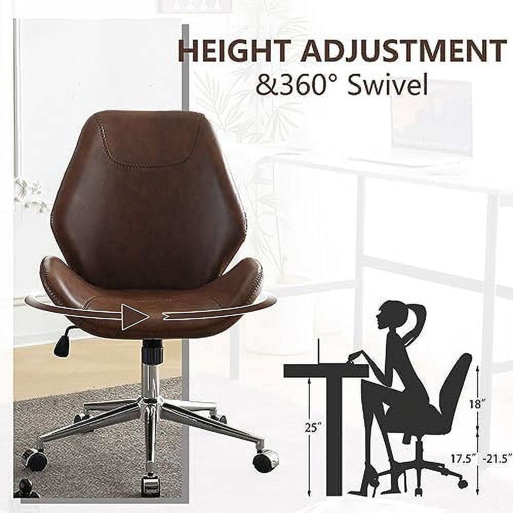 TJUNBOLIFE Armless Office Desk Chair  Mid-Back PU Leather Computer Task Chair with  Degree Swivel Wheels  Adjustable Height  Tilt  - Brown