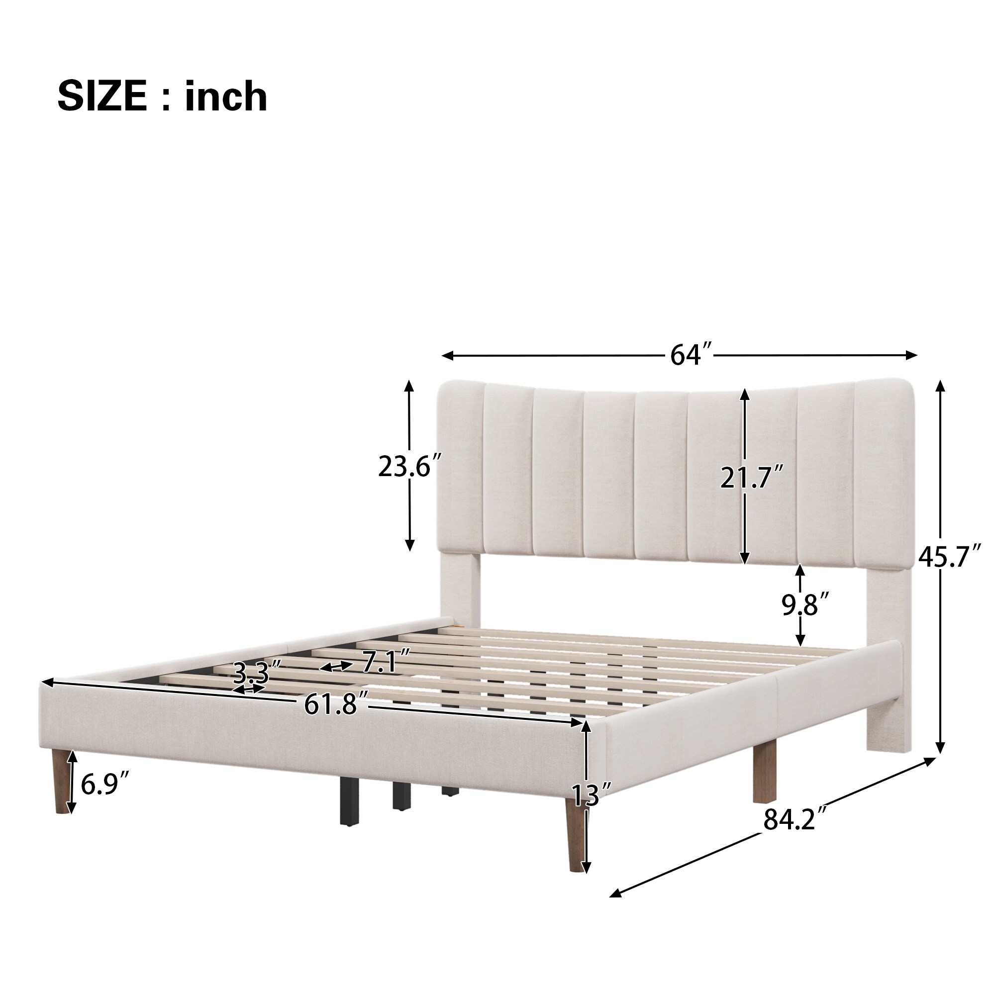 Upholstered Platform Bed Frame with Vertical Channel Tufted Headboard Cream - Queen