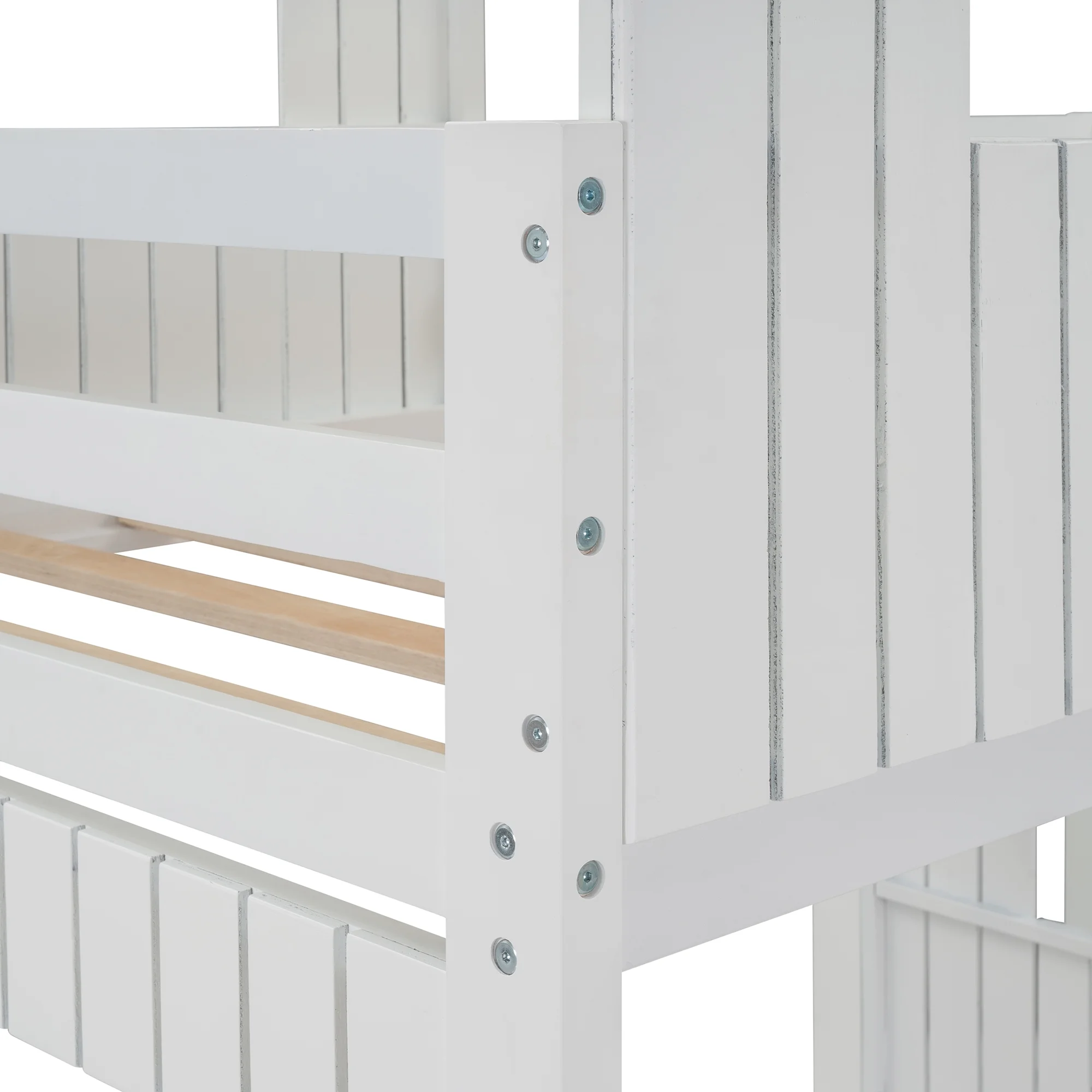 White Wooden Twin Over Full Bunk Bed with Playhouse, Farmhouse, Ladder and Guardrails