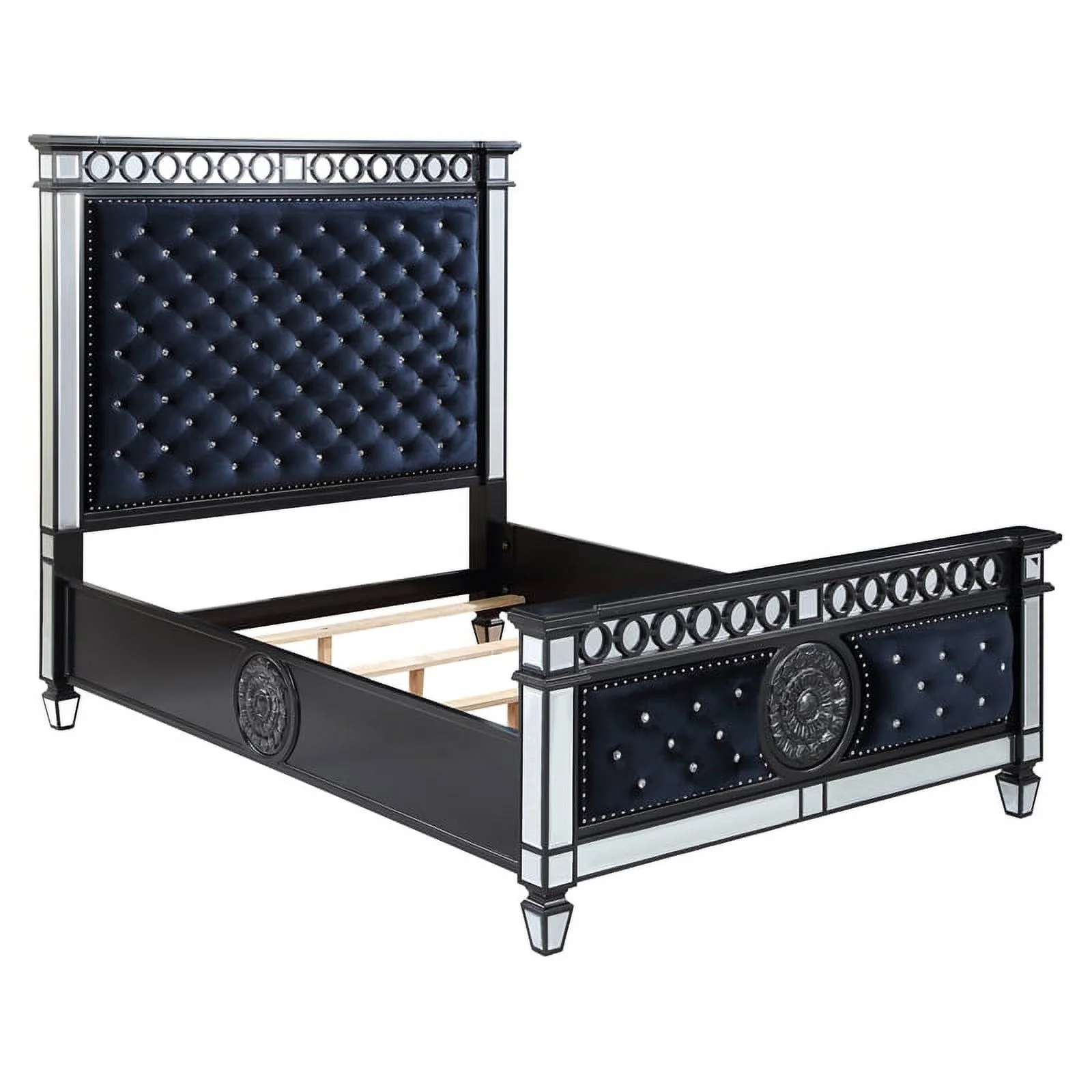 ACME Varian II Eastern King Bed in Dark Navy Velvet and Black and Silver Finish