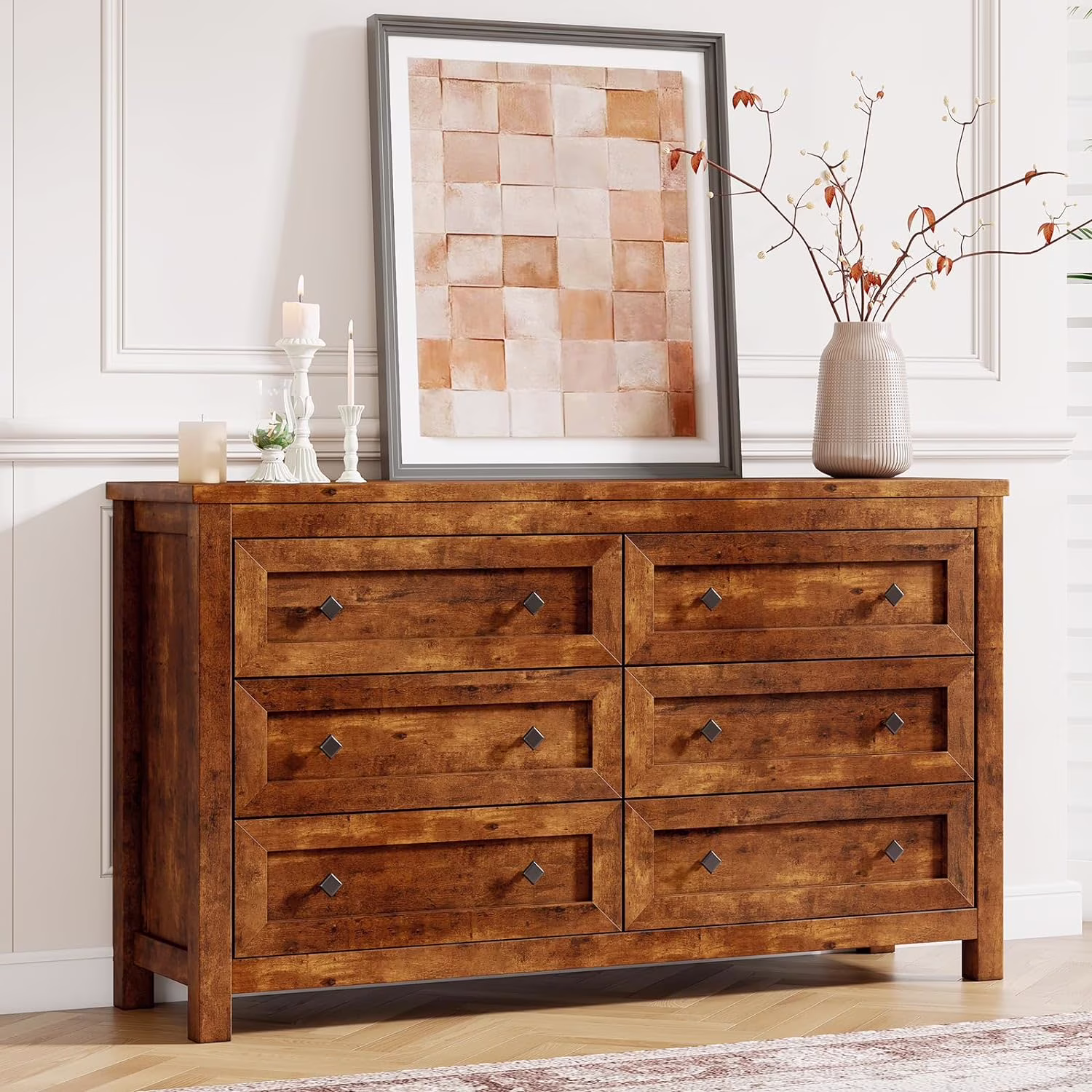 LUXOAK Farmhouse 6 Drawers Dresser, Wood Rustic Chest of Drawers for Bedroom, 6 Drawers Chest for Living Room, Hallway, Rustic Brown