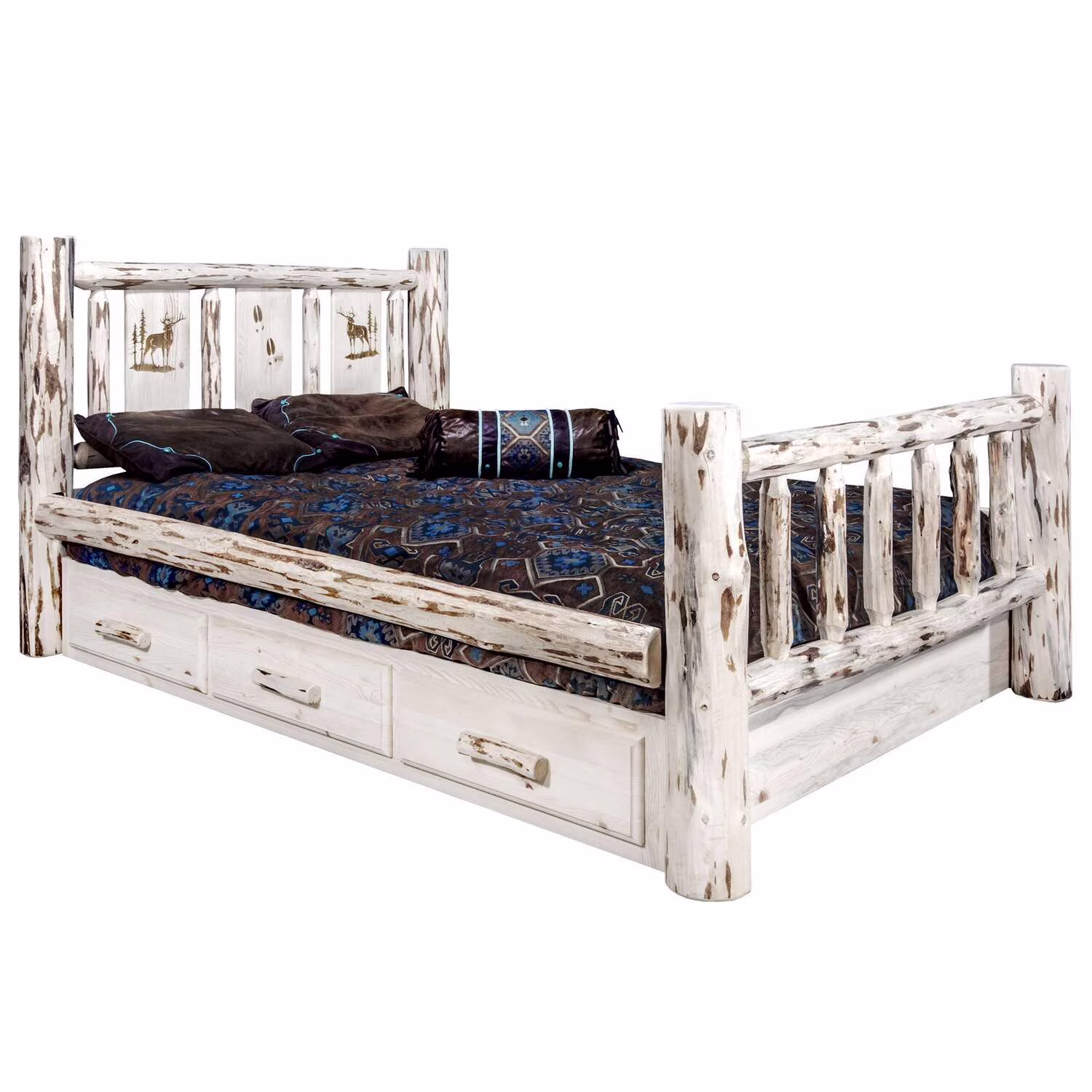 Montana Woodworks Wood Twin Storage Bed with Engraved Elk Design in Natural