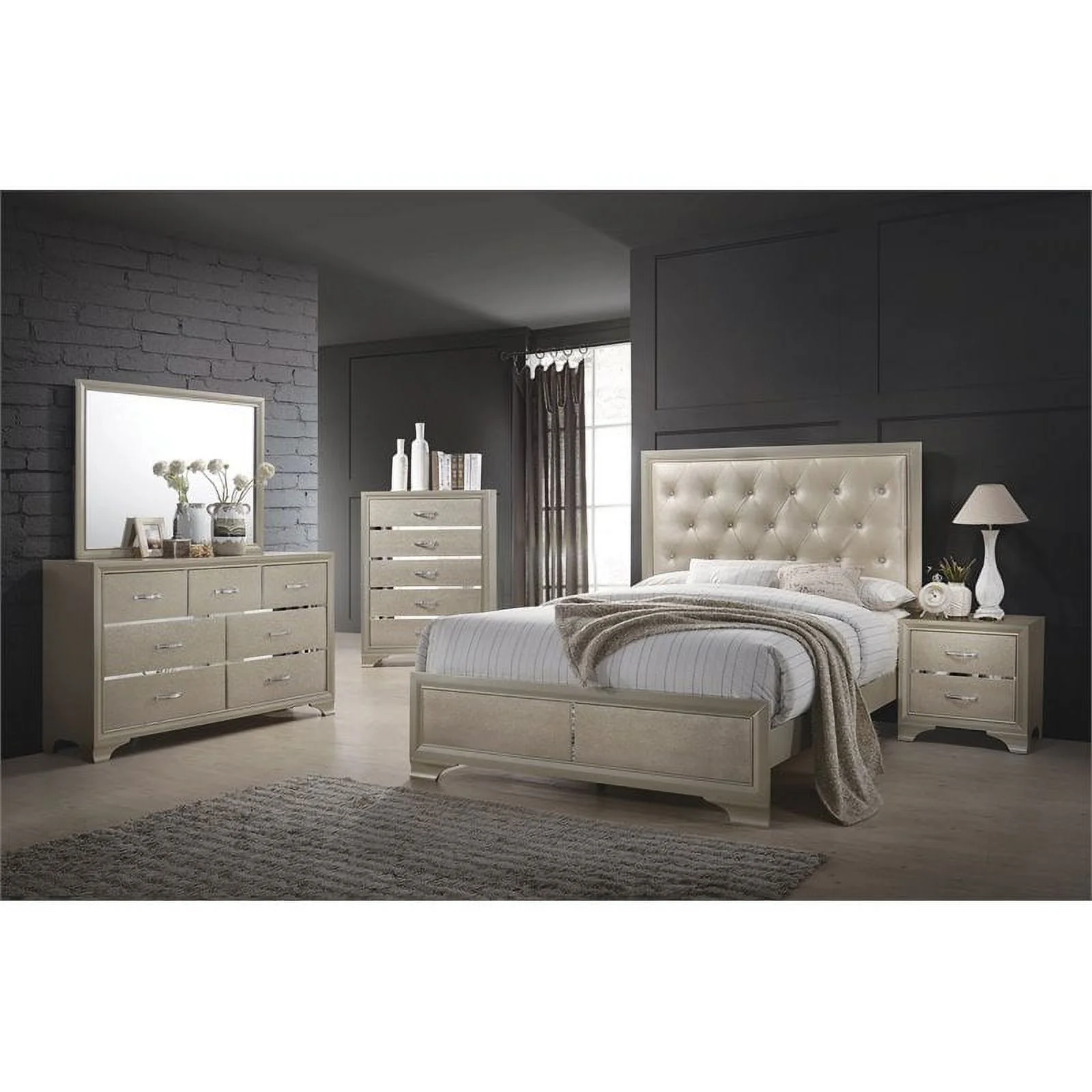 Pemberly Row 4 Pc. Queen Bedroom Set in Metallic Champagne Gold