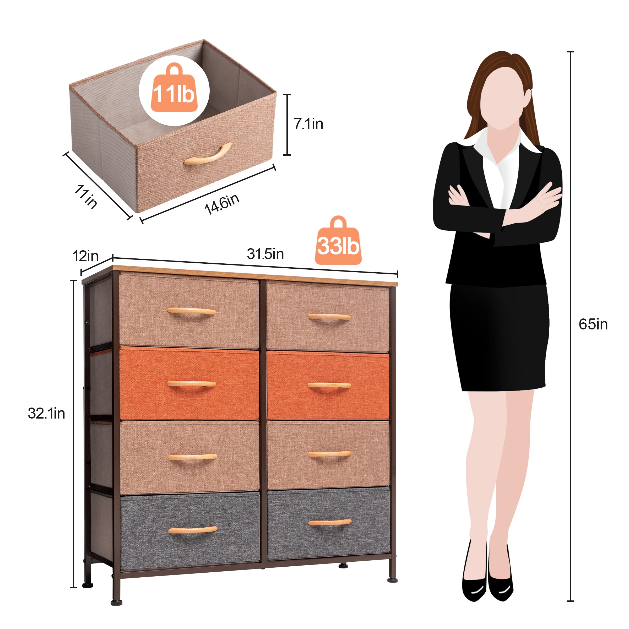 Crestlive Products 8 Drawers Vertical Dresser Storage Tower Organizer Unit for Bedroom Blue, Orange & Light Coffee Medium Wood