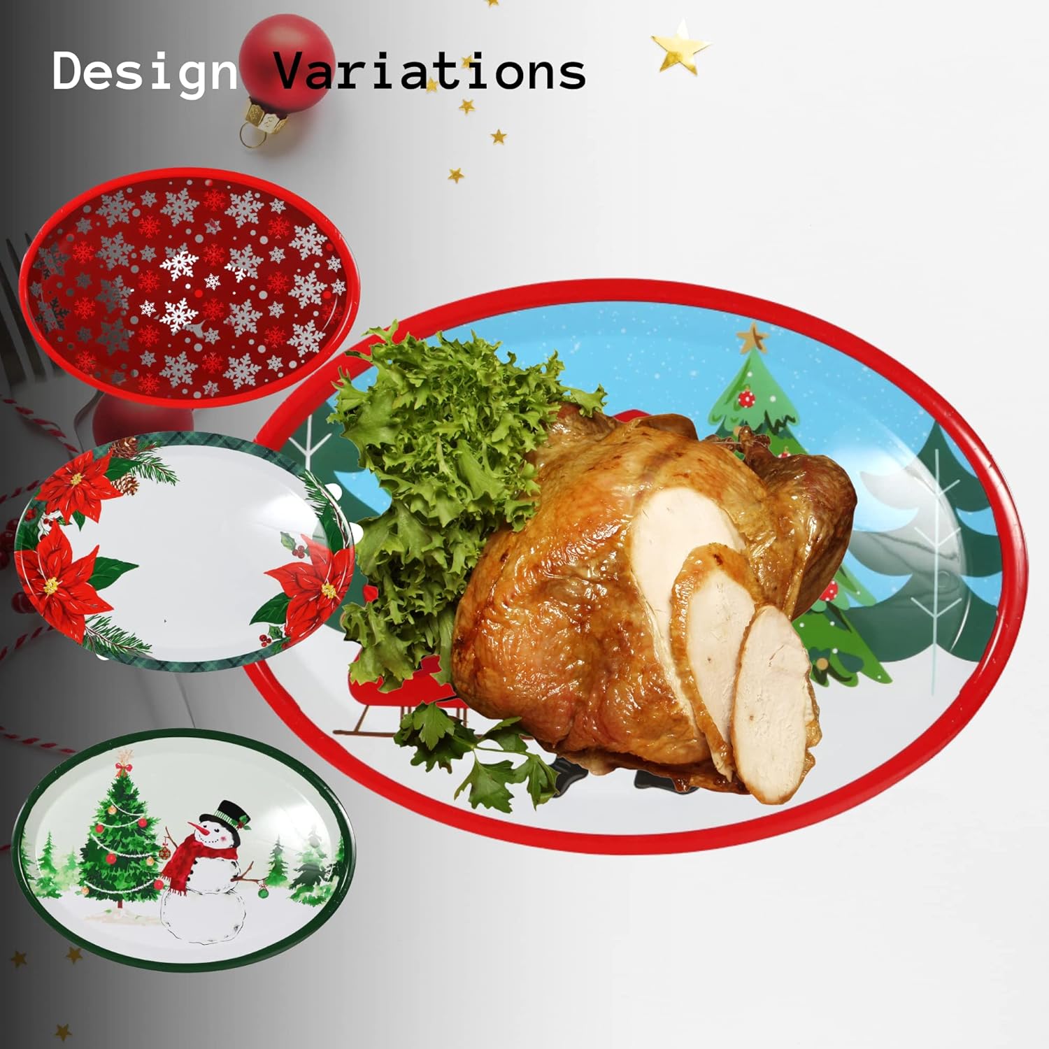 LLE Oval Christmas Platters Reusable Plastic Dinner Plates Serving Tray For Food Appetizers Meat Serving Dishes For Christmas Winter Holiday Table Decorations Set Of 2 (Designs Vary) With Gift MYTYJAY