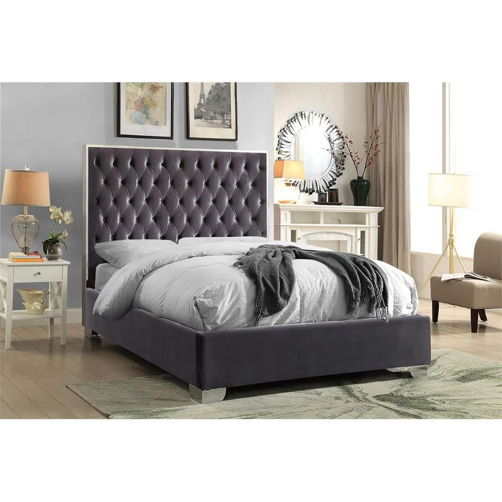 Lexi Grey Velvet Queen Bed - Contemporary