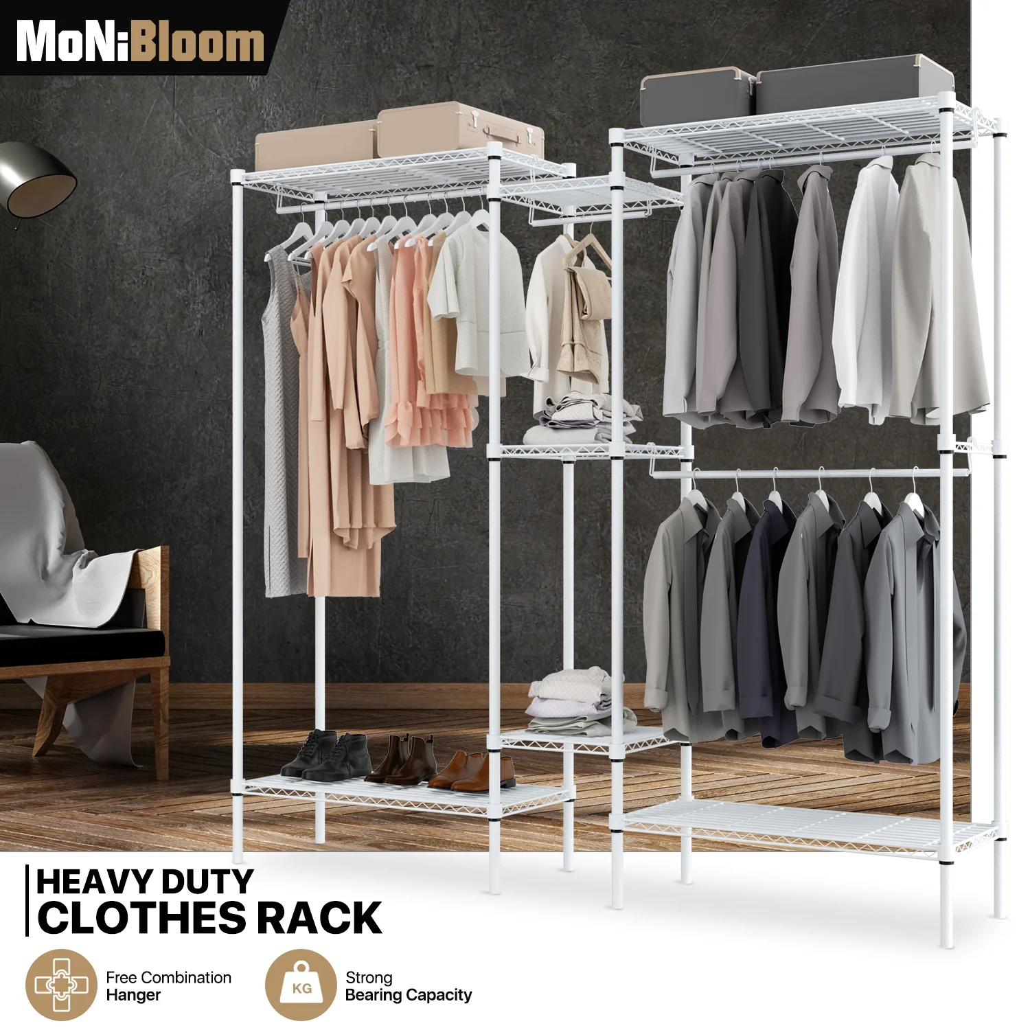 MoNiBloom Heavy Duty Clothes Rack L Shaped Clothing Rack for Corner, Wire Garment Rack Freestanding Wardrobe Rack for Bedroom, 73