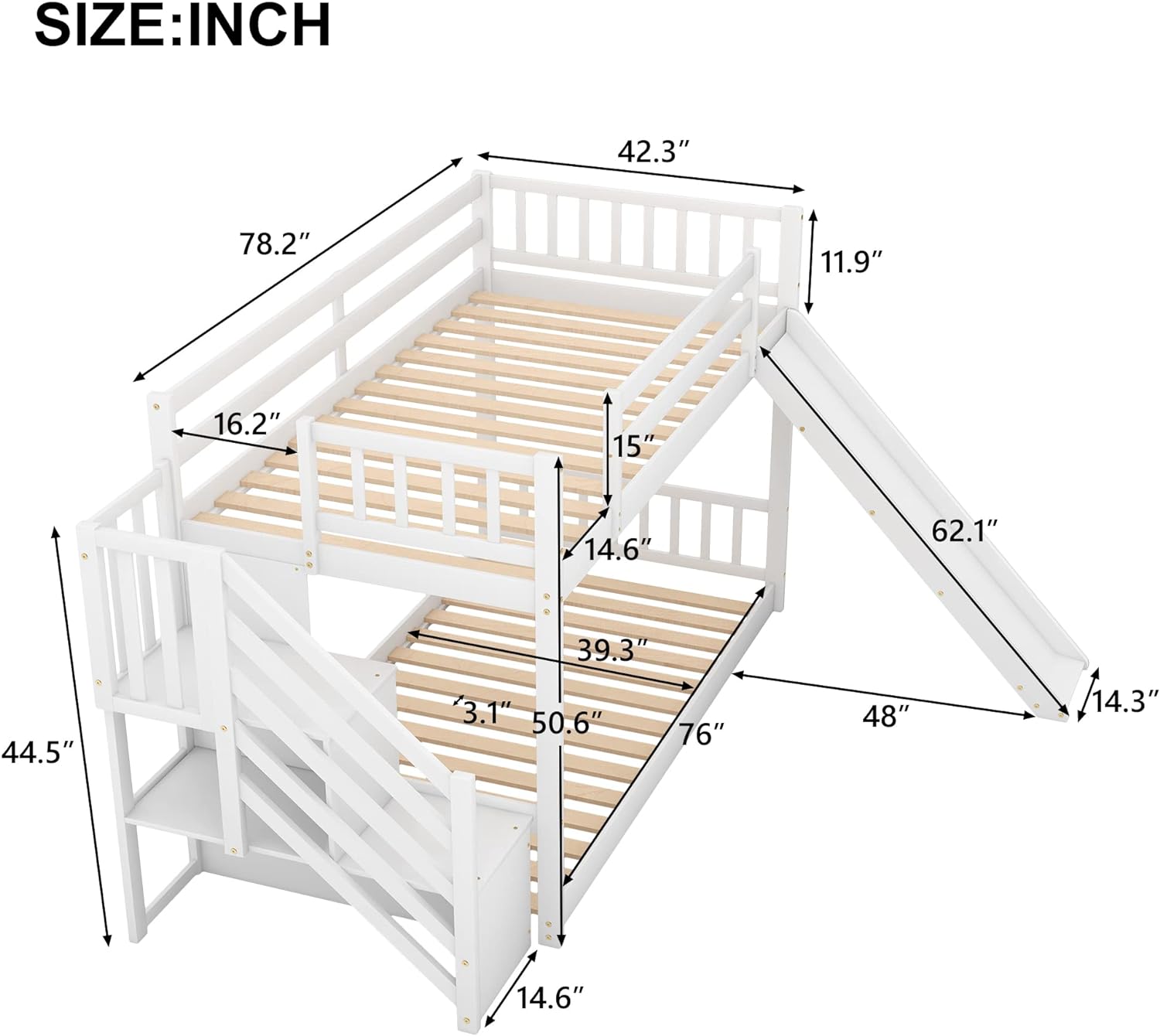 Kids Bunk Bed With Stairs, Over Bunk Bed With Stairs And Slide, Low Bunk Bed For Toddlers Wood, Bunk+Bed+With+Slide, White