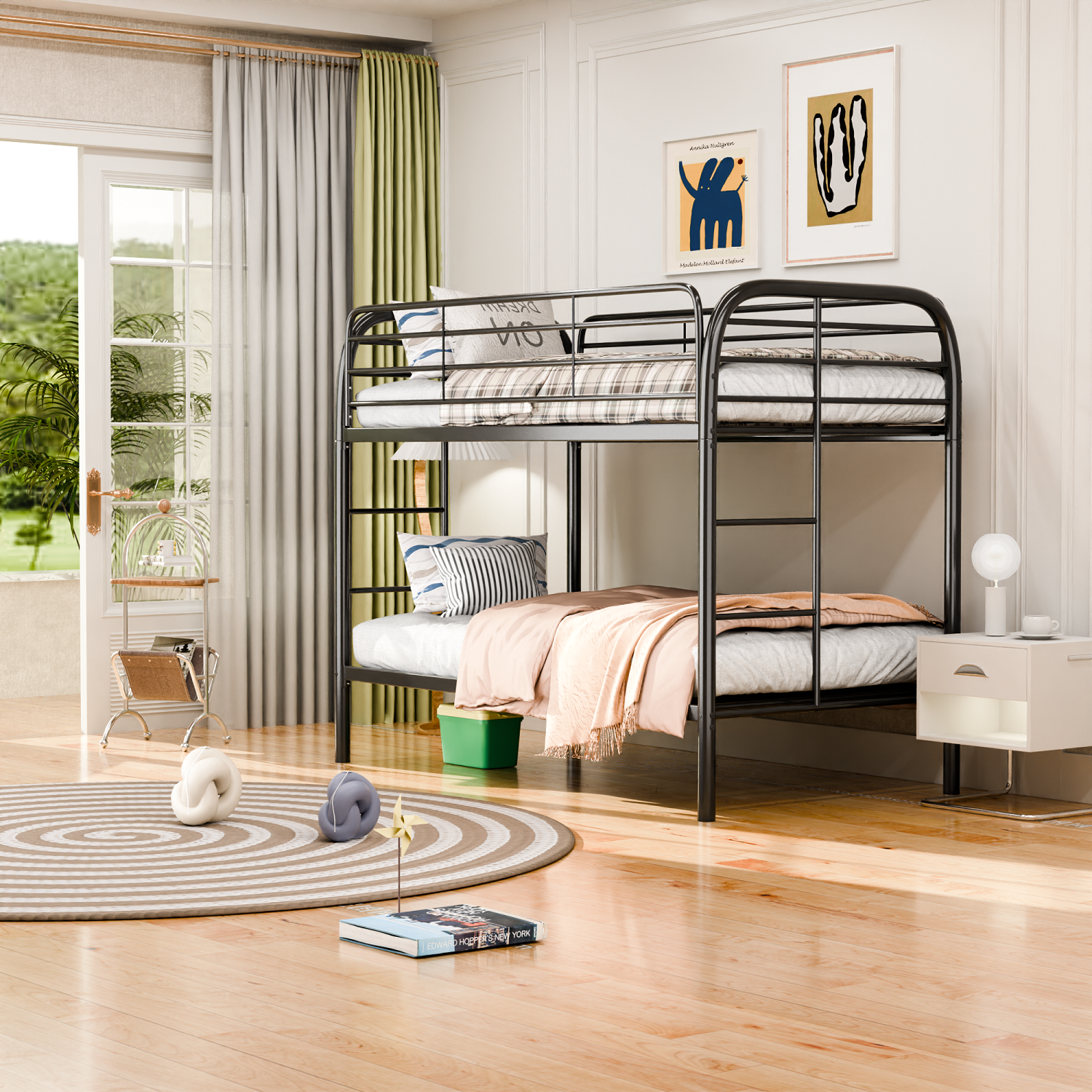 JAORD Metal Bunk Bed, Twin Over Twin Size Beds with Two Side Ladders & Safety Guard Rail, Space-Saving Design, Noise-Free, Black, Assembly Required