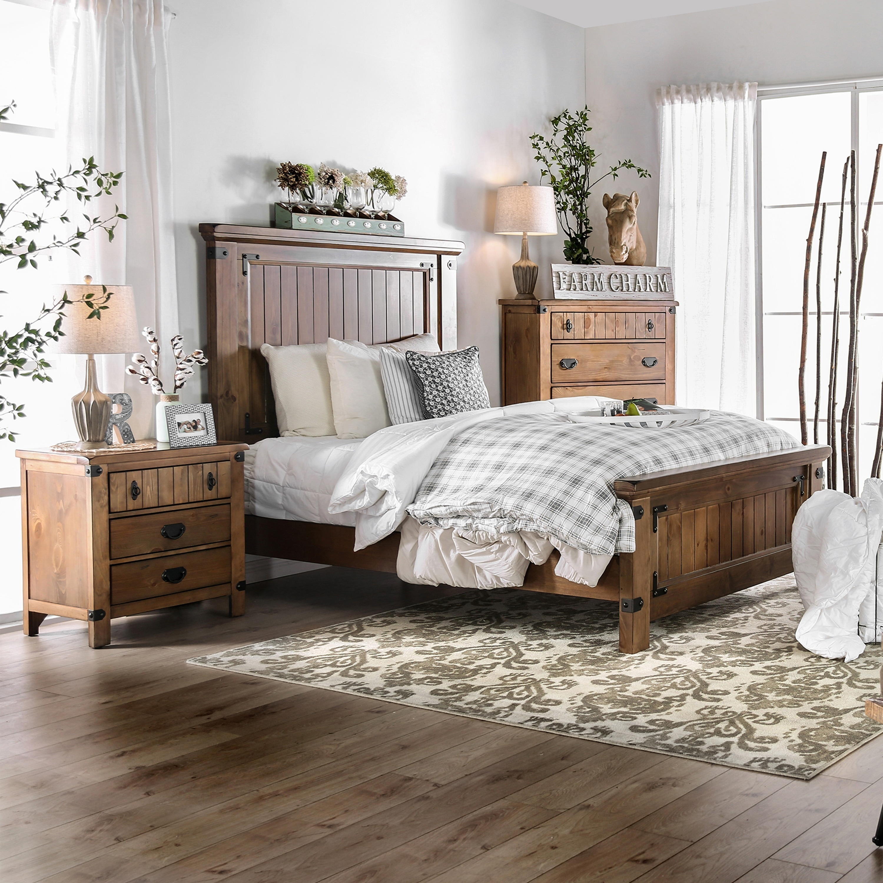 Furniture of America Sierren Country Brown Wood 3-Piece Panel Bedroom Set with USB Port by  Queen