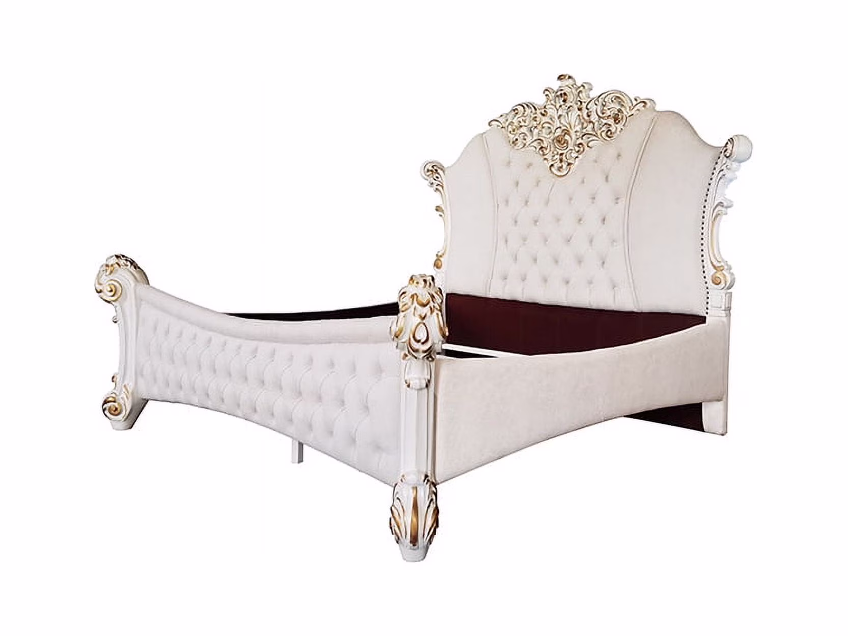 Vendome Queen Bed in Two Tone Ivory Fabric & Antique Pearl Finish
