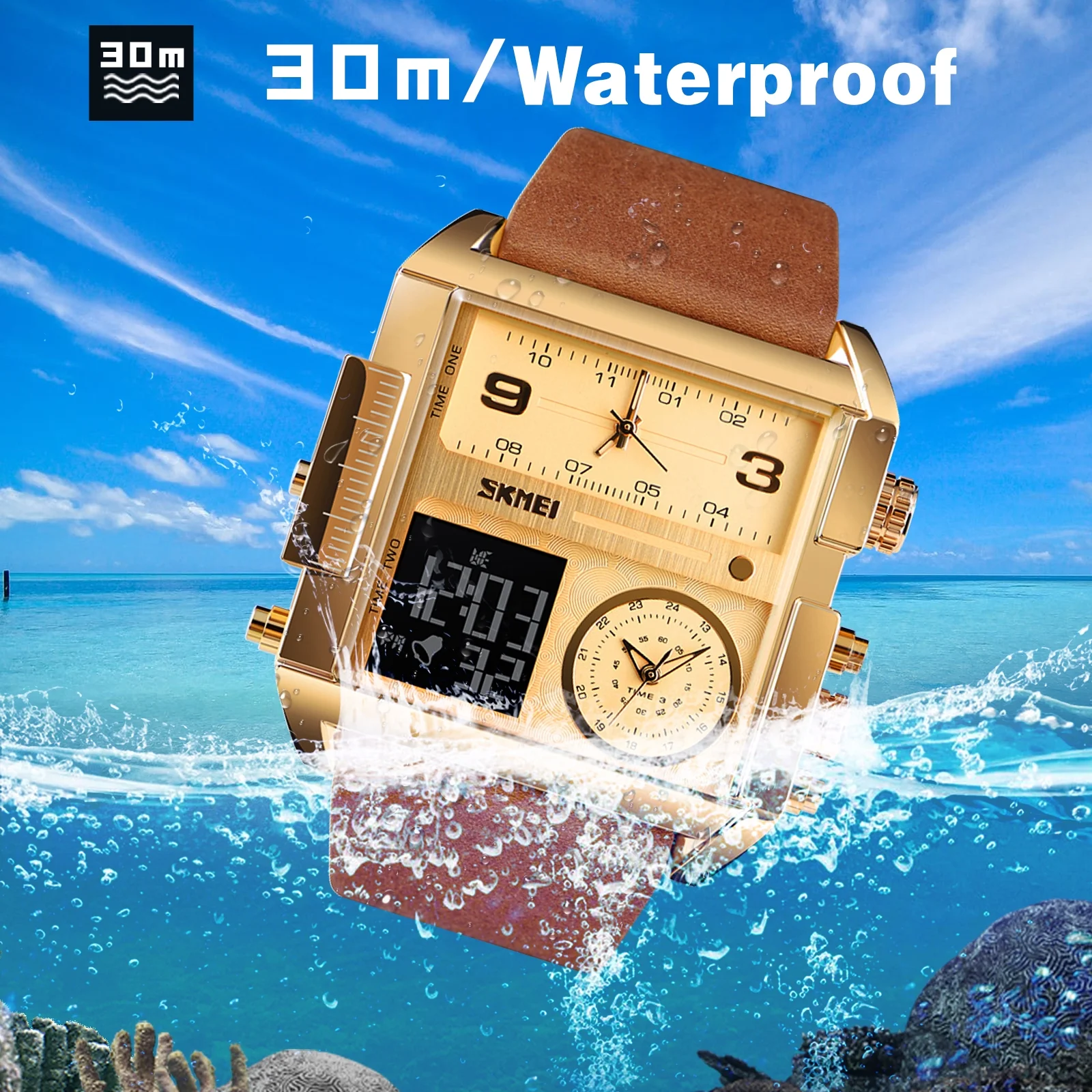 SKMEI Men's Waterproof Digital Watch, Square Large Face Analog Quartz Wrist Watch Sports Watch, Gold
