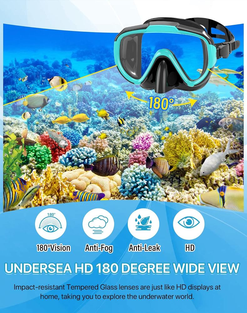 Snorkeling Gear for Adults Men Women, 4 in 1 Snorkel Set with Panoramic View Diving Mask Anti-Fog Anti-Leak, Dry Top Snorkel, Fins and Travel Bag for Swimming, Snorkeling and Travel Diving