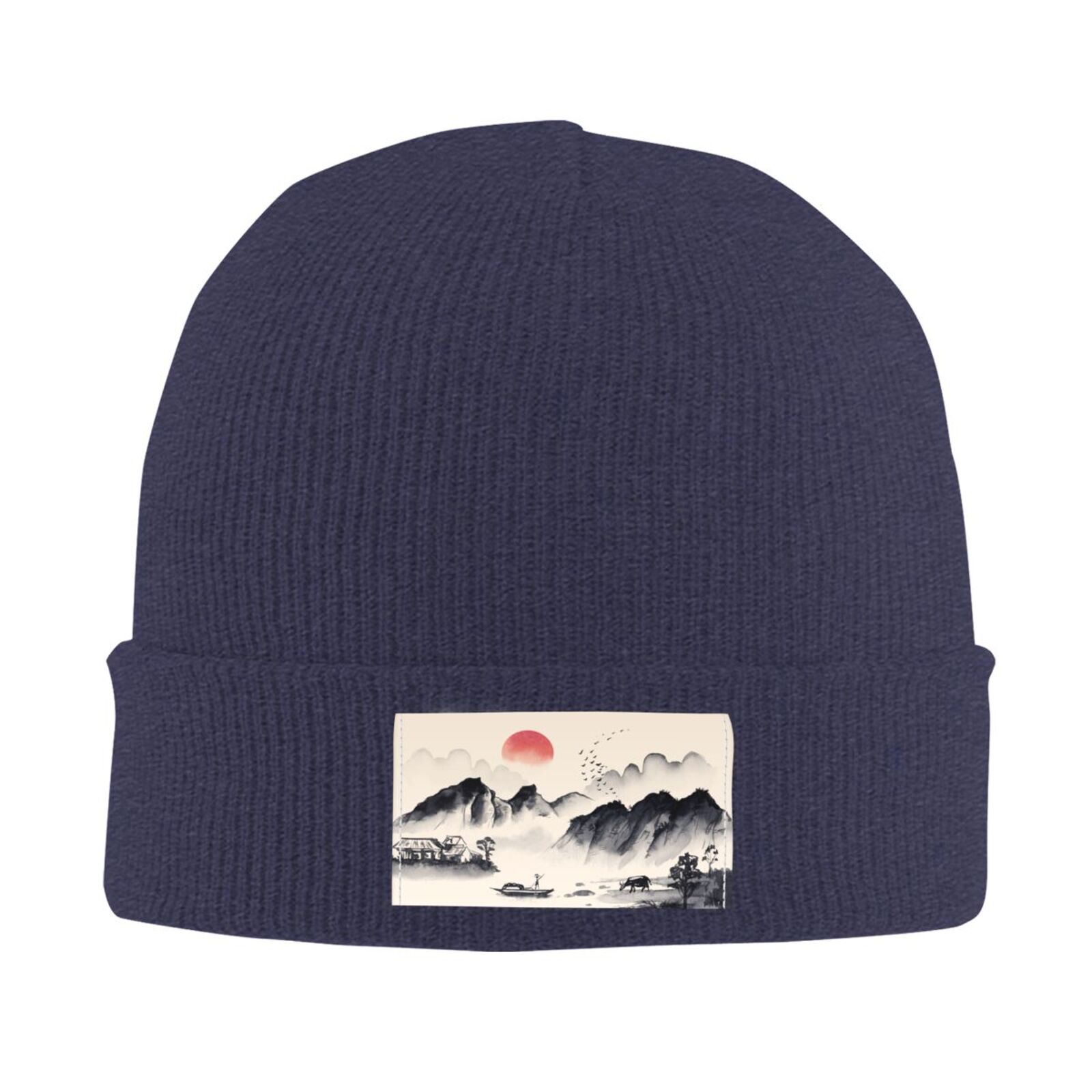 LNWH Knitted Acrylic Hat, Ink Style Watercolor Painting Pattern Winter Beanie Hat for Cold Weather, Navy Blue