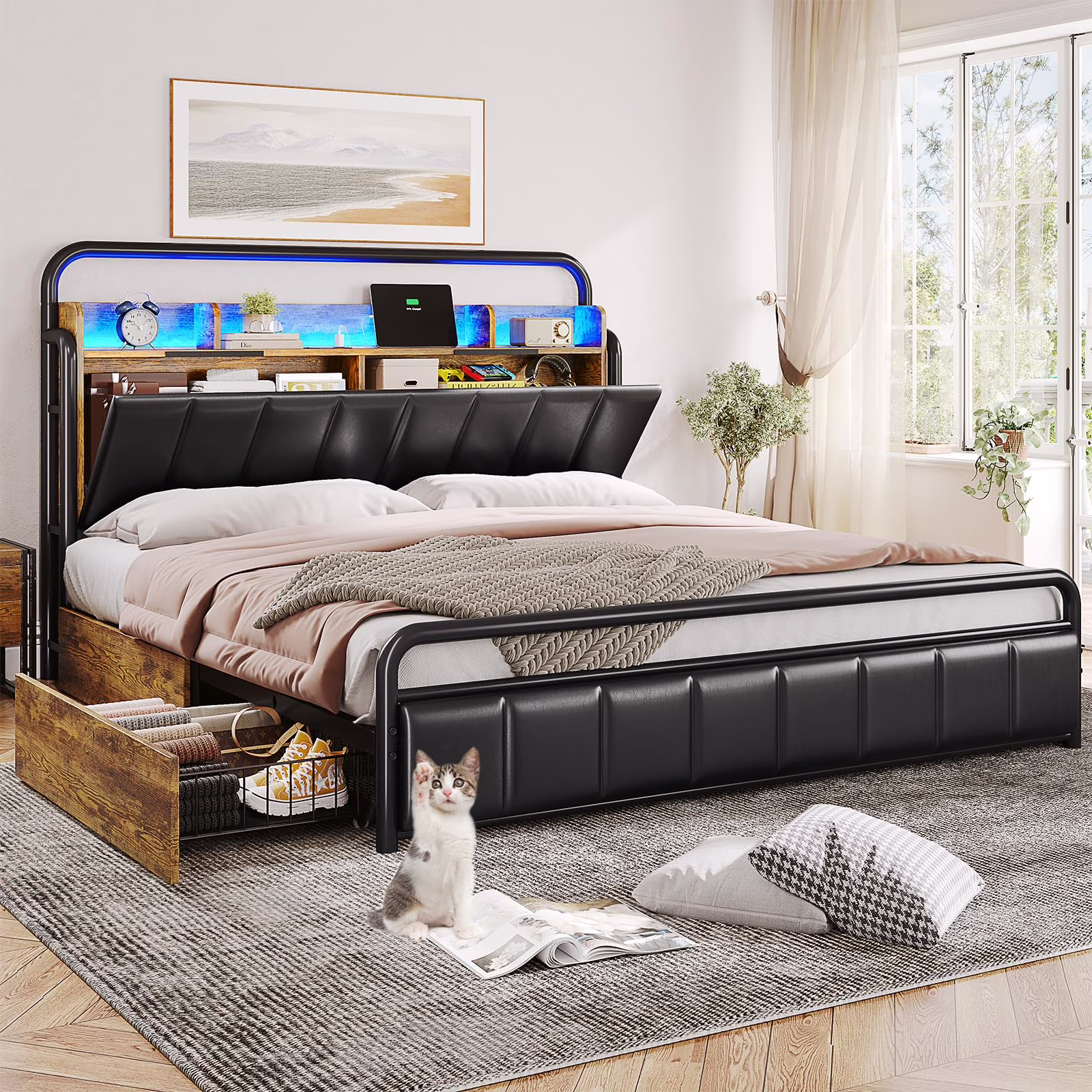 Queen Size Bed Frame with Storage Headboard & Hidden Storage Metal Platform LED Bed Frame with 4 Drawers & Charging Station,Upholstered Headboard,Noise-Free,Black