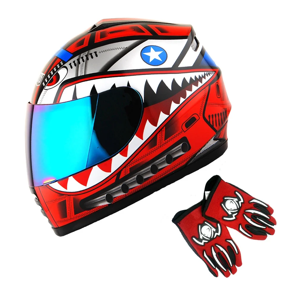 1Storm Youth Kids Motorcycle Full Face Helmet B15 Street Bike BMX MX Shark Red + MG Youth Glove Bundle