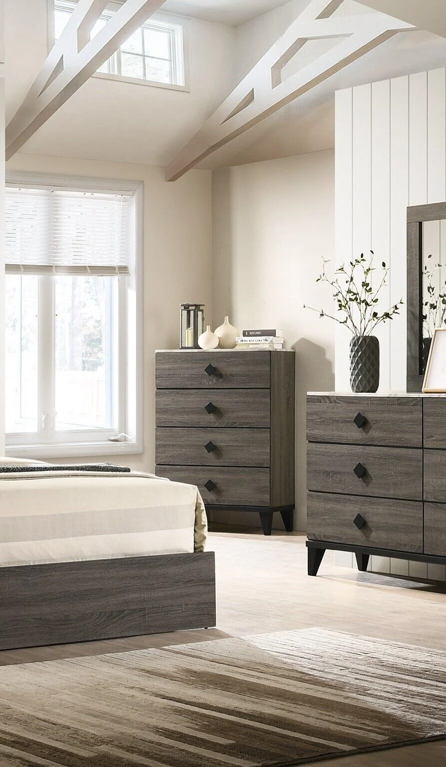 Classic Transitional Gray 6pc Bedroom Queen Size Bed Set Dresser Mirror 2x Nightstands Chest Wooden Furniture Upholstered HB