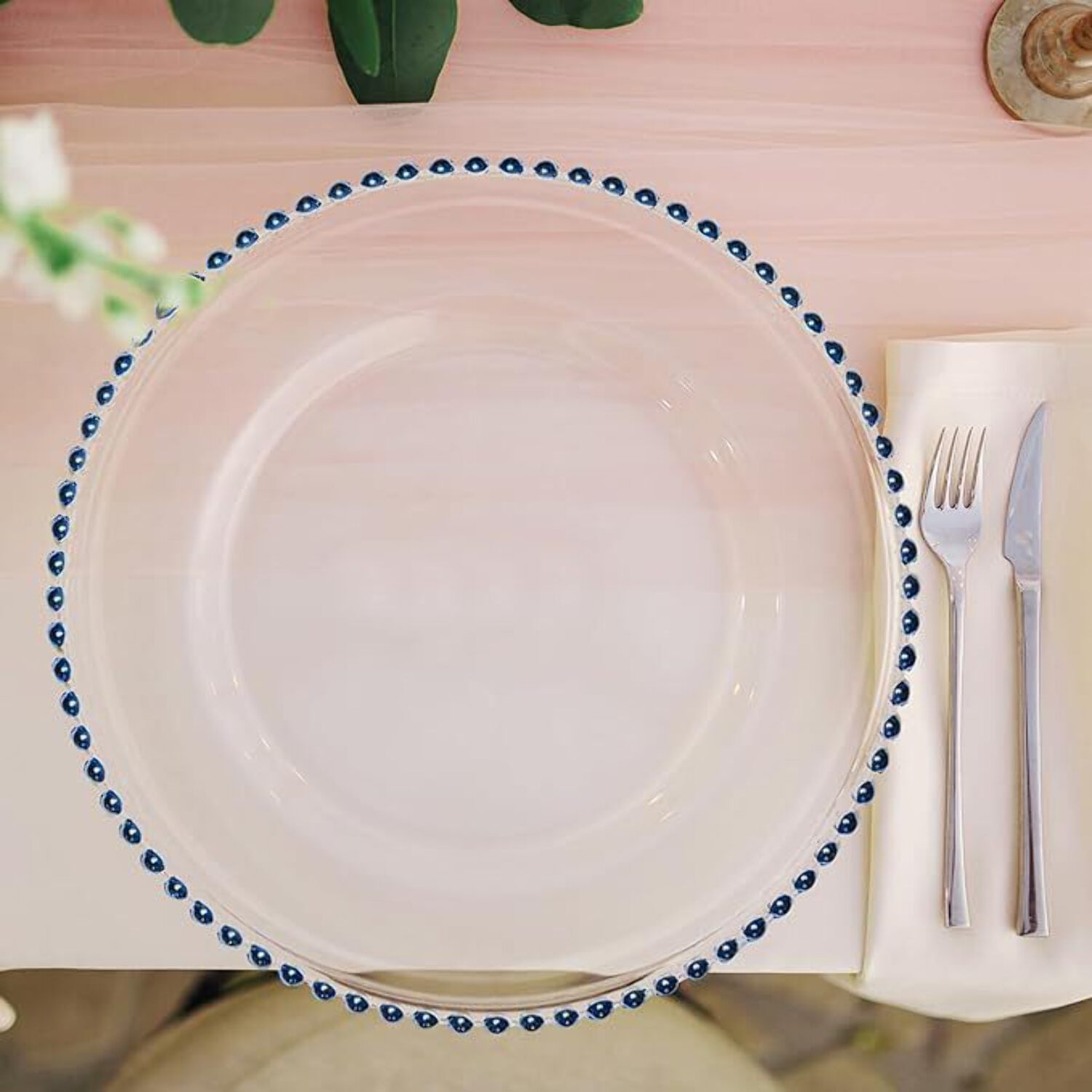 8 Pack | Blue Beaded Clear Glass Charger Plates
