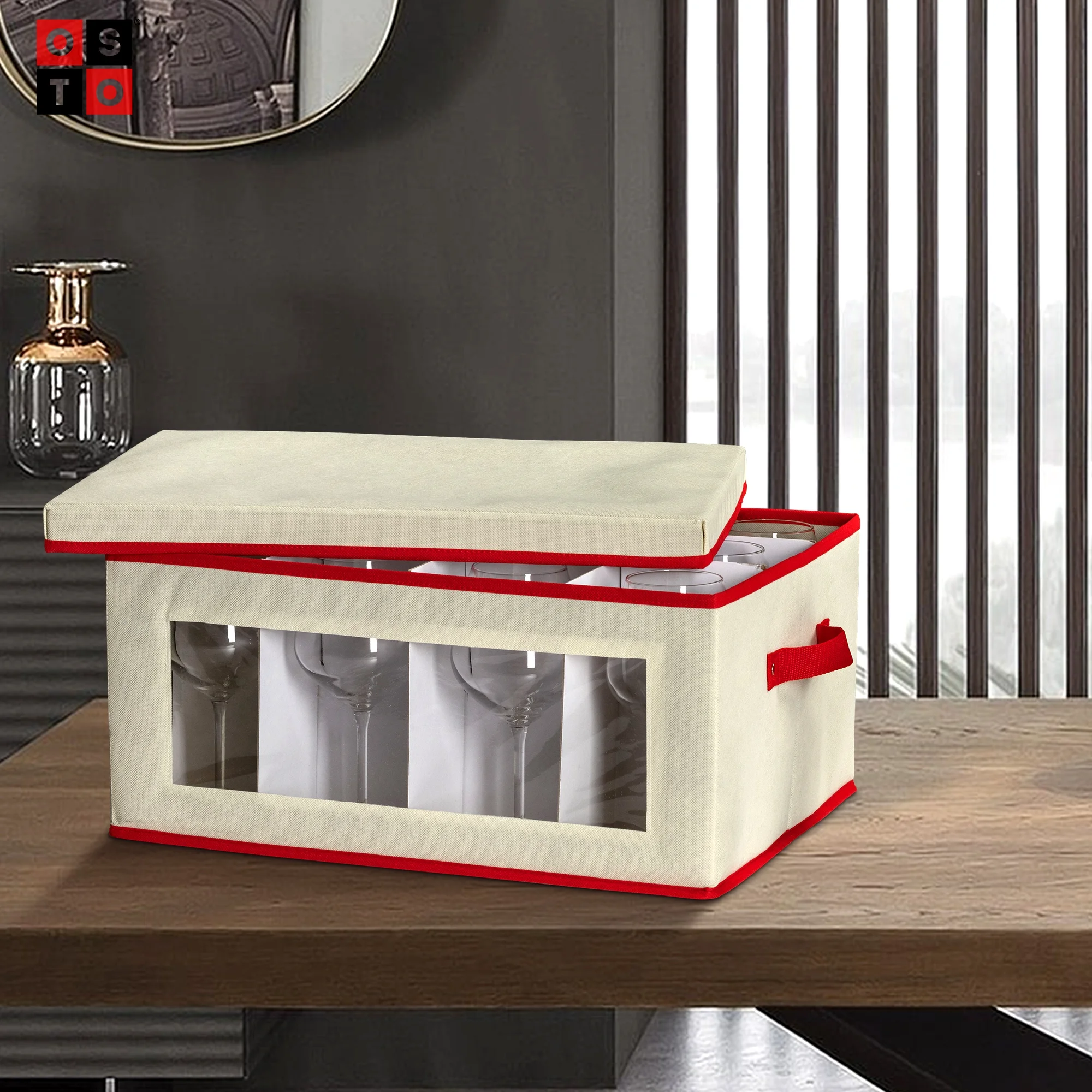 Holiday WineGlass Box With Dividers, Glasses Container Comes With Two Handles, 12 Slots, And Clear PVC Window For Easy Visibility, Constructed Storage With Lid For Safe Storing