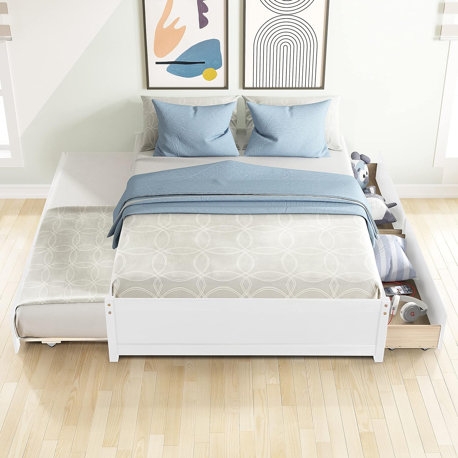 Full Bed With Storage Drawers And Trundle, Solid Wood Platform Bed Frame For Kids Teens Adults (Full Size, White)