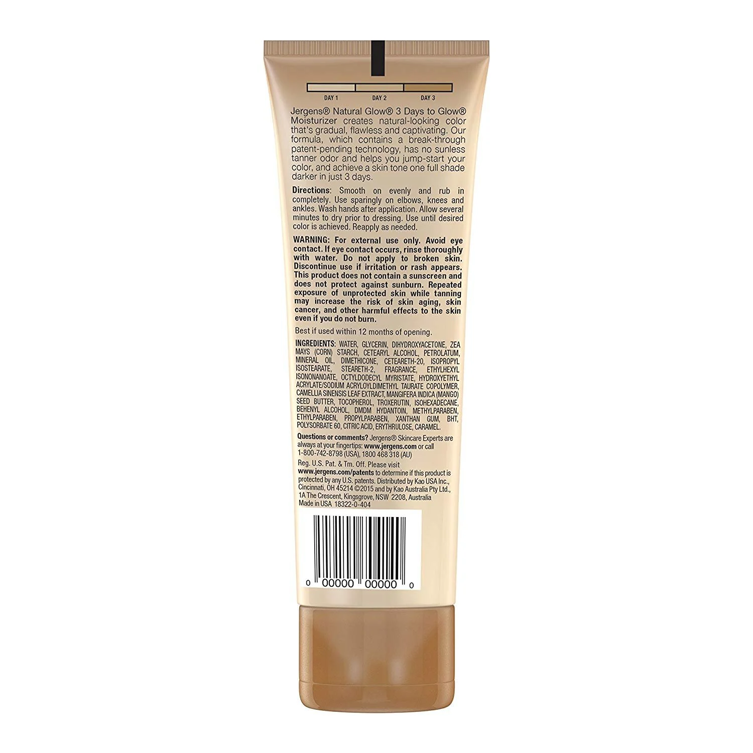 Jergens Natural Glow 3 Days to Glow Moisturizer for Body, Medium to Tan Skin Tones, 4 fl oz
