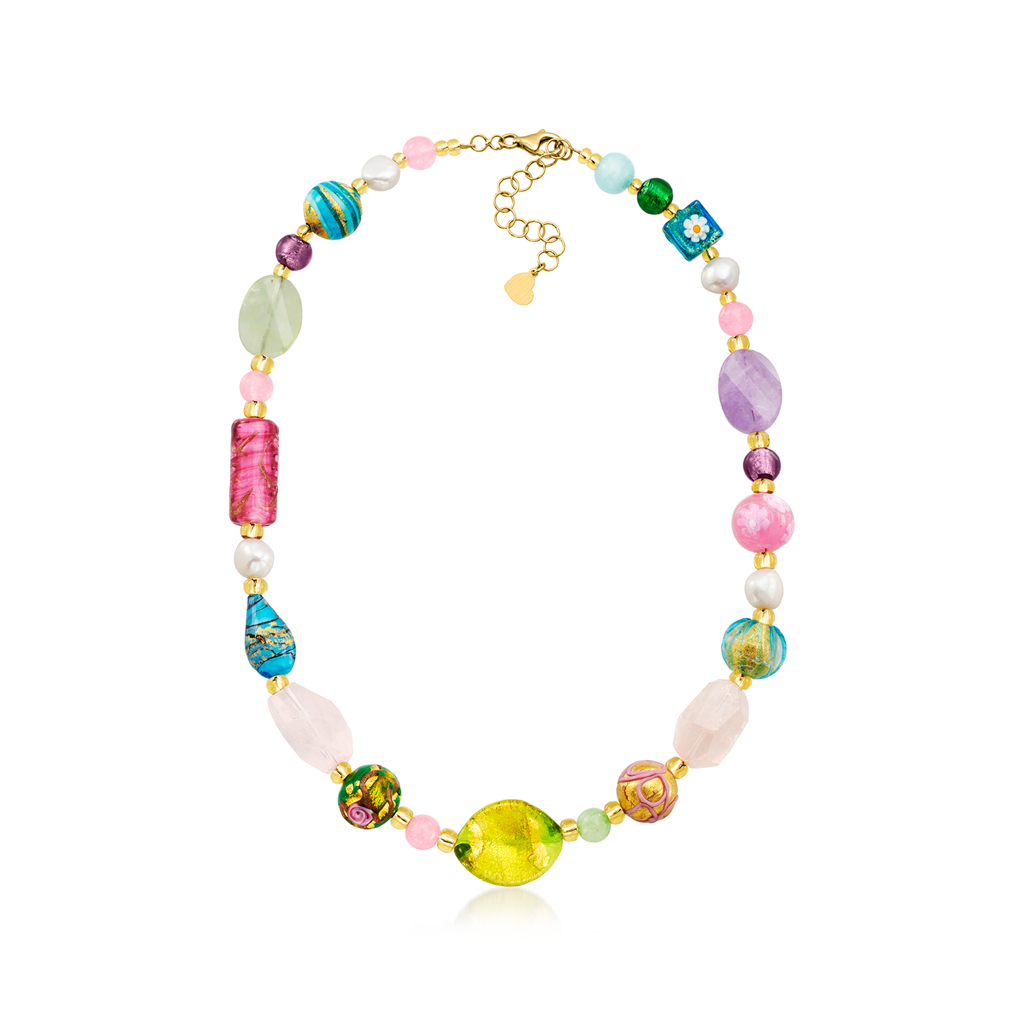 Ross-Simons Italian Multicolored Murano Glass Bead, 88.50 ct. t.w. Multi-Gem Bead and 7-10mm Cultured Pearl Necklace With 18kt Gold Over Sterling, Women's, Adult
