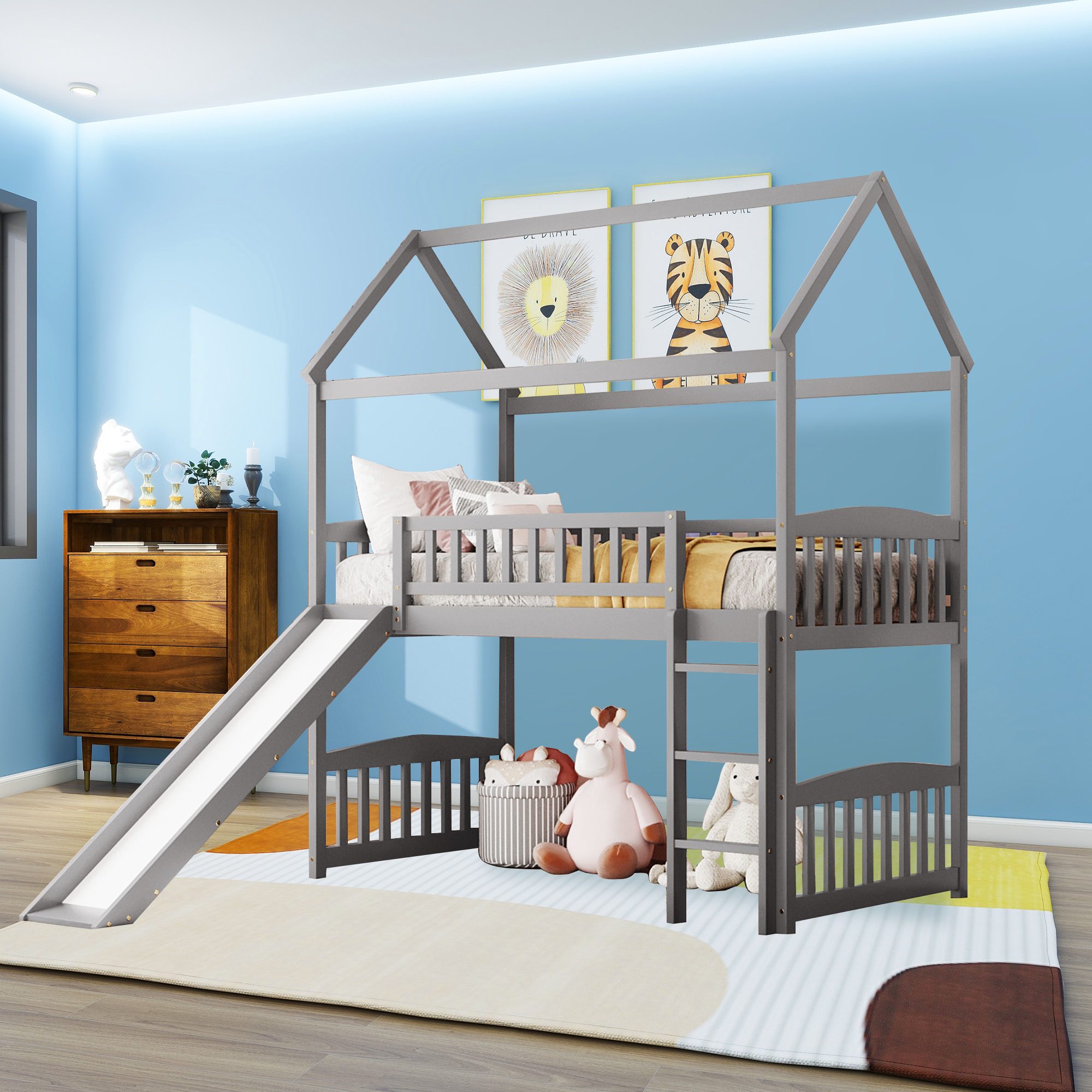 Twin Loft Bed with Desk and Shelves, Wood Loft Bed Frame with Storage Drawers, for Kids Teens Adults - Gray