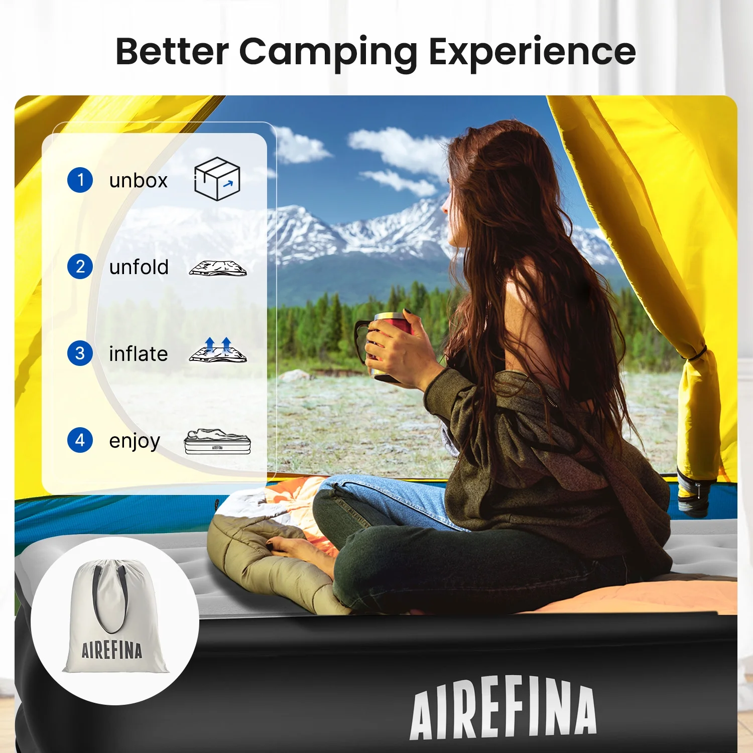 Airefina Queen Air Mattress with Built-in Electric Pump, Self-Inflation/Deflation in 3 Mins