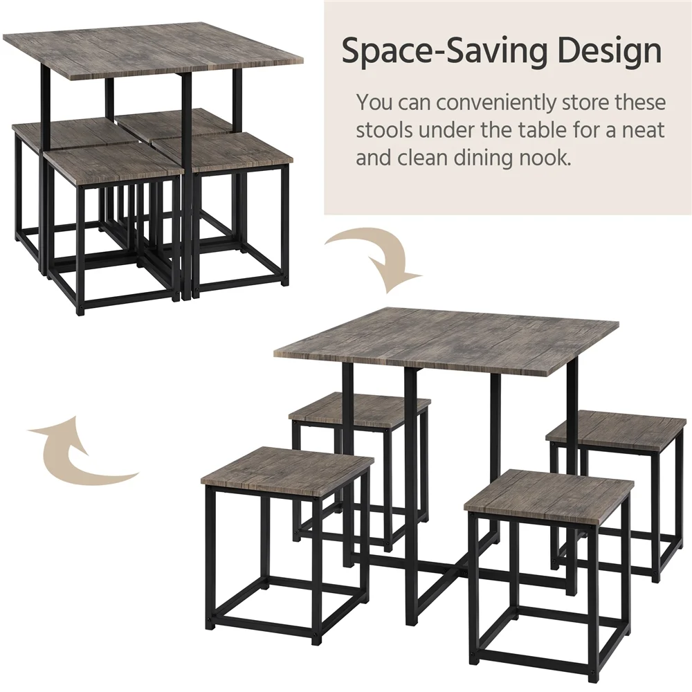Topeakmart 5-Piece Industrial Dining Set with Square Table, 4 Backless Stools, Drift Brown