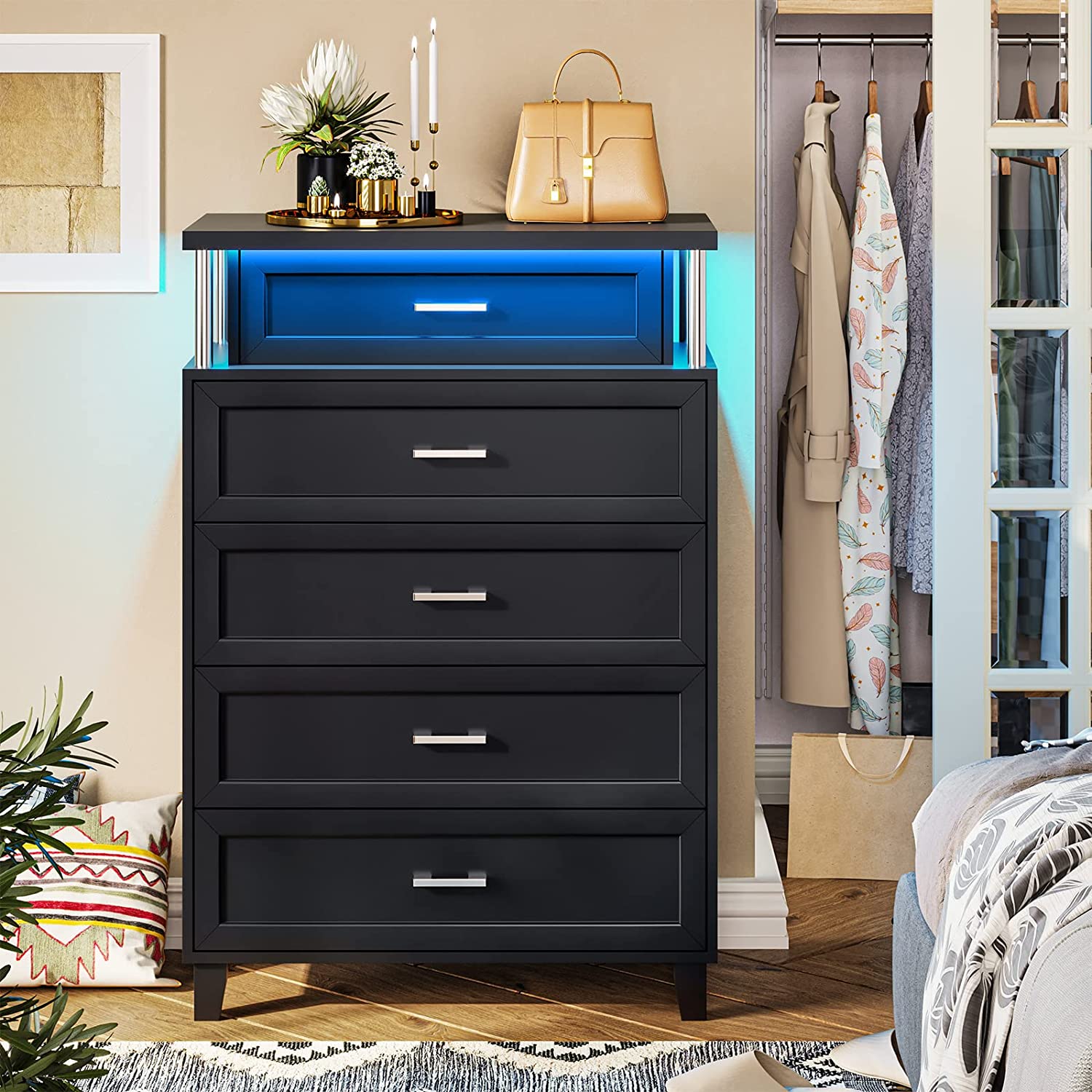 5 Drawers Dresser for Bedroom,Black Tall Chest of Drawers with LED Light, Wood Storage Cabinet for Bedroom Living Room