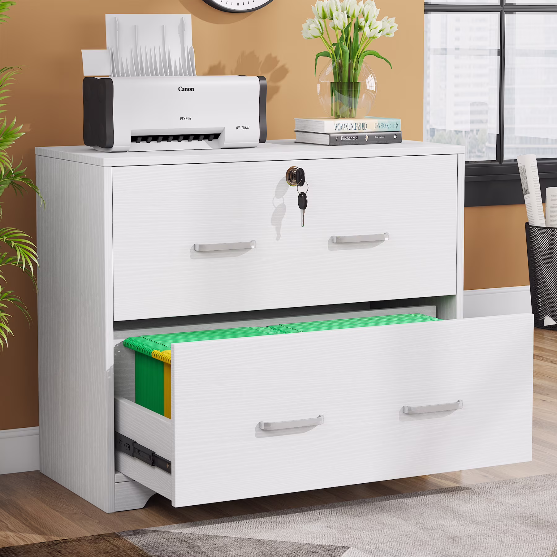 Tribesigns 2-Drawer Lateral File Cabinet for Hanging Letter/Legal/F4/A4 Size Files, White Wood Filing Cabinet with Lock