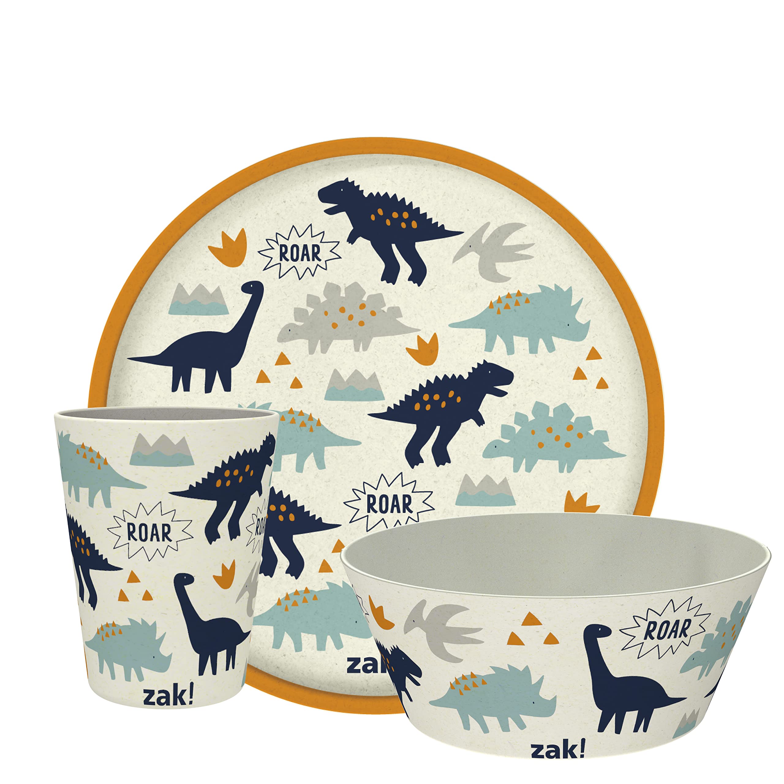 Zak Designs Kids Dinnerware Set 3 Pieces, Durable and Sustainable Melamine Bamboo Plate, Bowl, and Tumbler are Perfect For Dinner Time With Family (Zaksaurus)