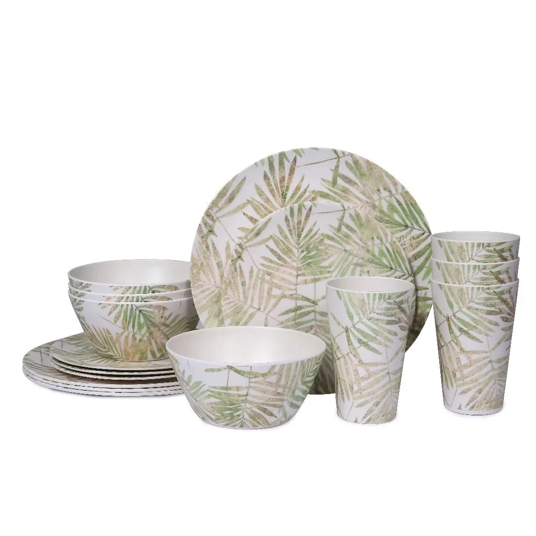 Cynnix 16pcs Melamine Dinnerware Sets, Dinner Plates, Salad Dishes, Bowls, Cups, Service for 4, Leaves Pattern,