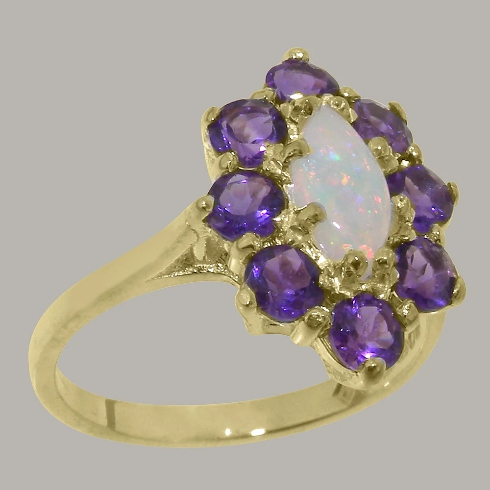 LBG British Made 18k Yellow Gold Natural Opal & Amethyst Womens Statement Ring - 33 size options - Size 10