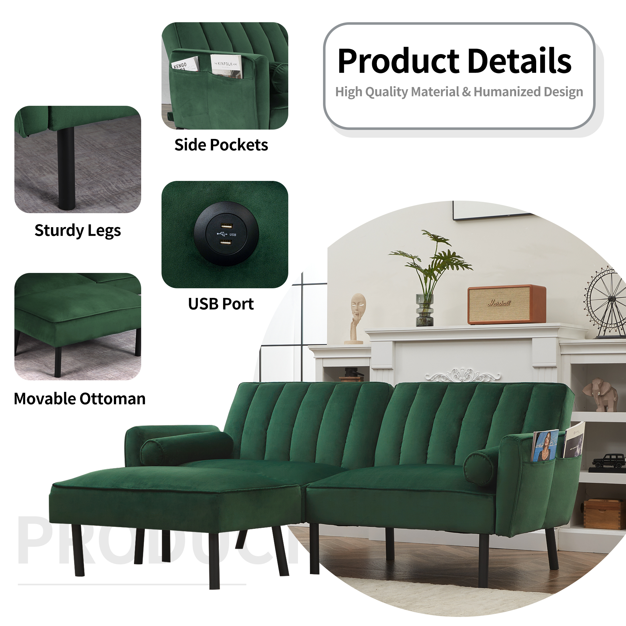 DURASPACE Futon Sofa Bed Couch Velvet Sofas with Movable Ottoman USB Charging Port Pillow Side Pocket Adjustable Back, Green
